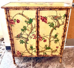 Mid Century Chinoiserie Style Decoupage Decorated Faux Bamboo Cabinet