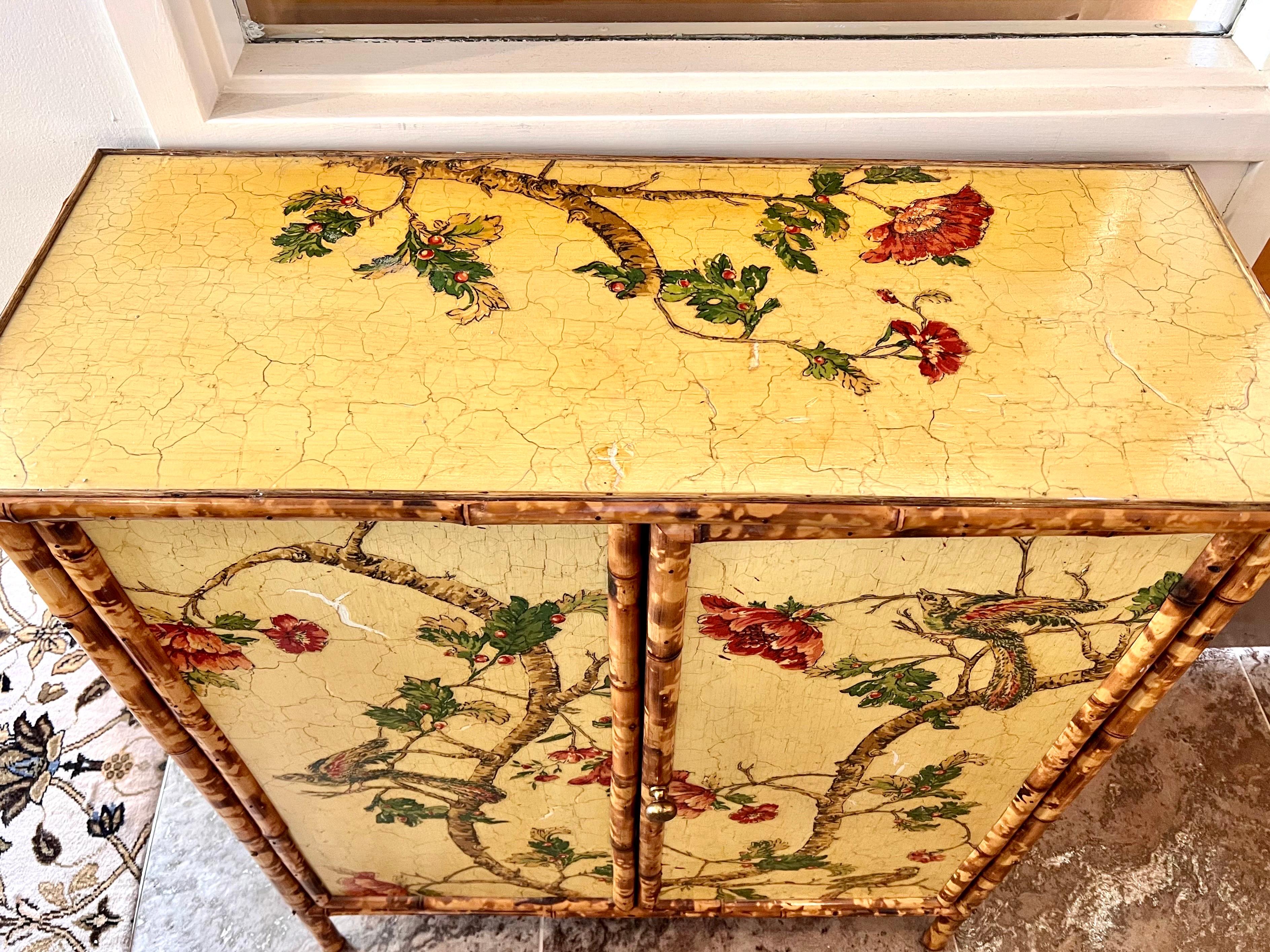 Mid Century Chinoiserie Style Decoupage Decorated Faux Bamboo Cabinet In Good Condition In West Hartford, CT
