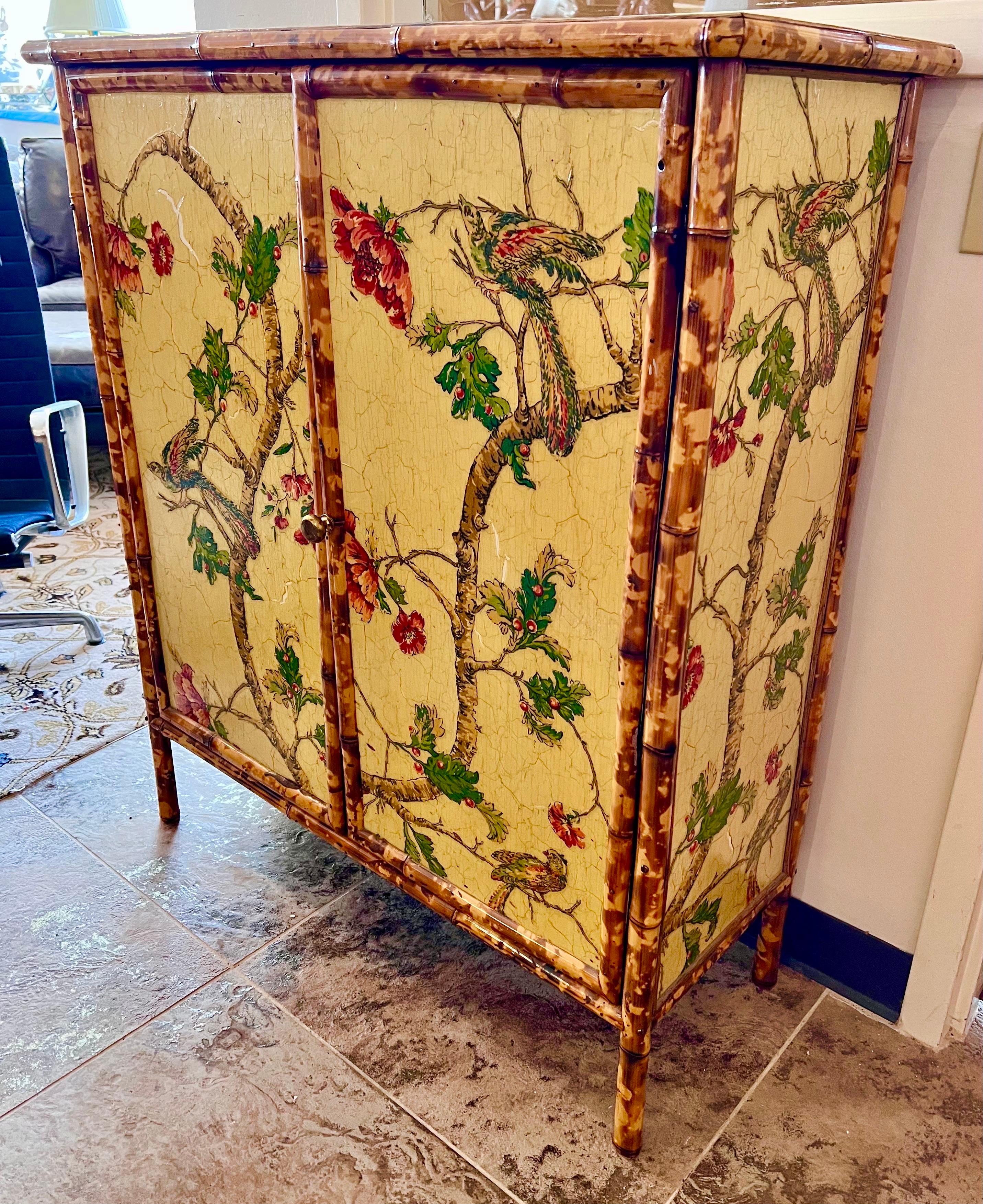 20th Century Mid Century Chinoiserie Style Decoupage Decorated Faux Bamboo Cabinet