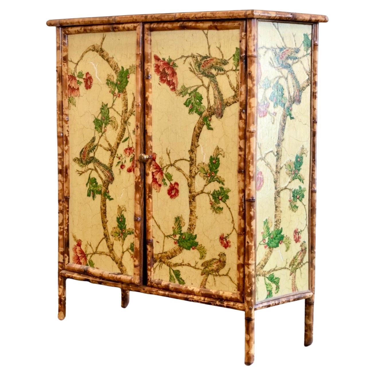 Mid Century Chinoiserie Style Decoupage Decorated Faux Bamboo Cabinet