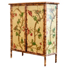 Retro Mid Century Chinoiserie Style Decoupage Decorated Faux Bamboo Cabinet