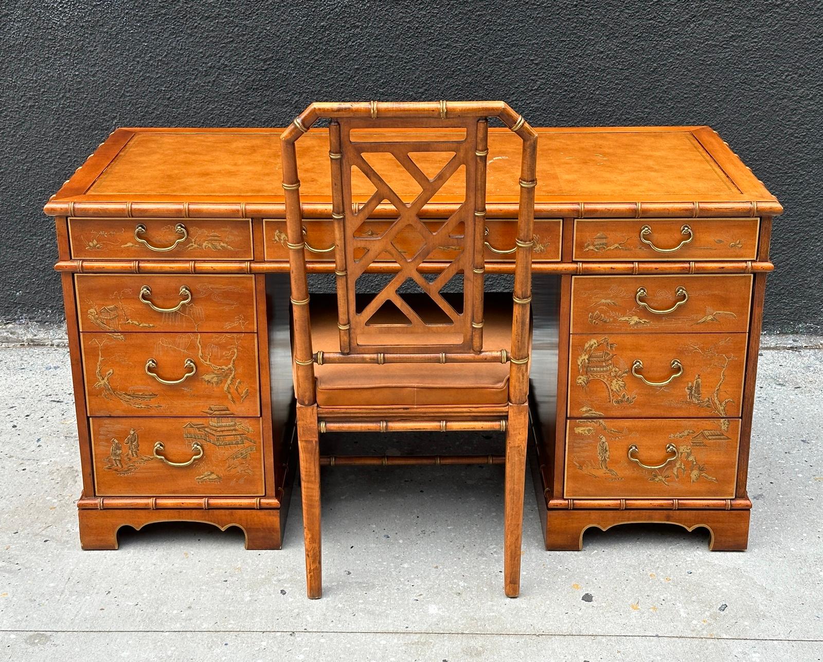 American Chinoiserie Style Desk & Chair by Drexel Heritage, USA 1960's For Sale