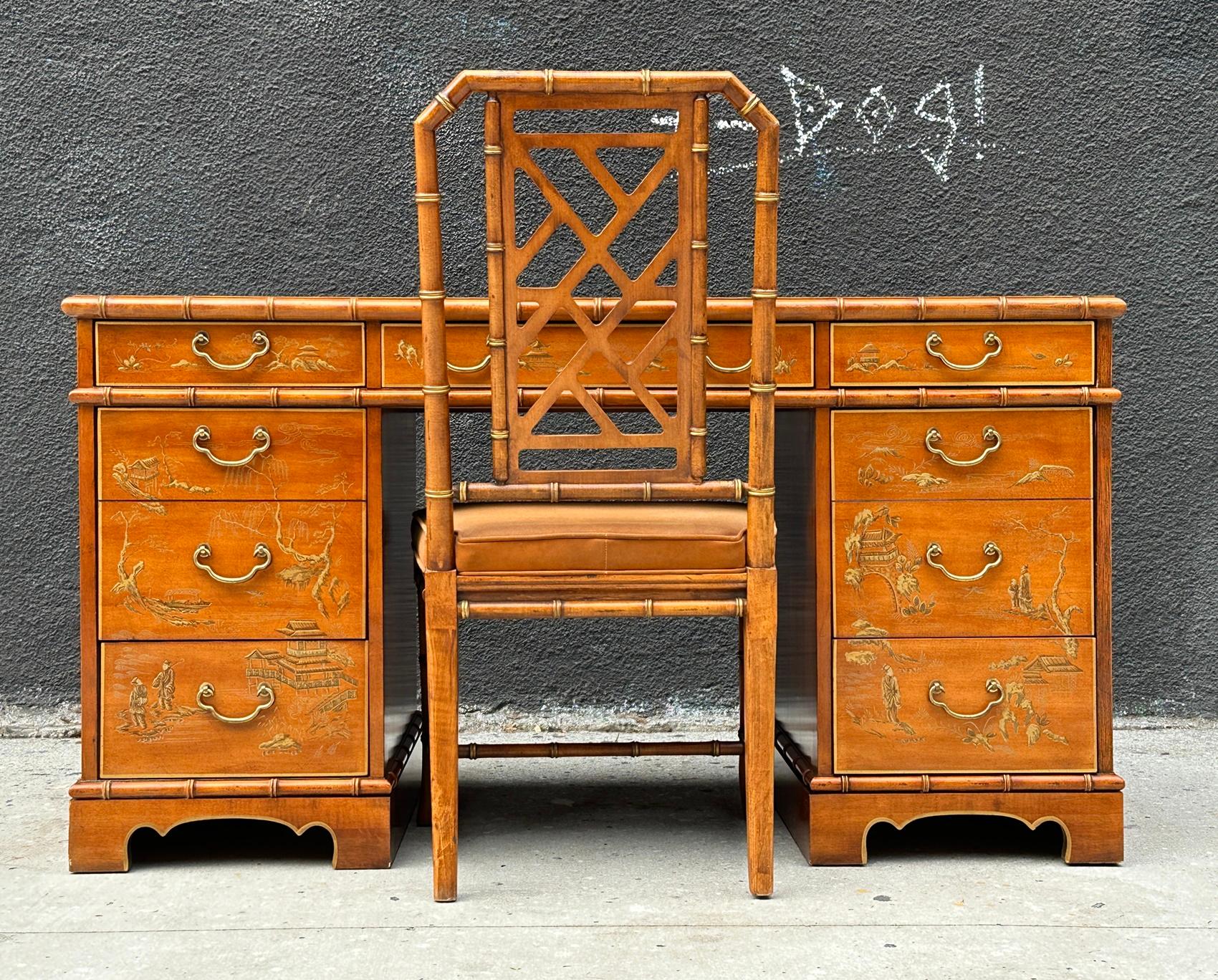 Hand-Painted Chinoiserie Style Desk & Chair by Drexel Heritage, USA 1960's For Sale