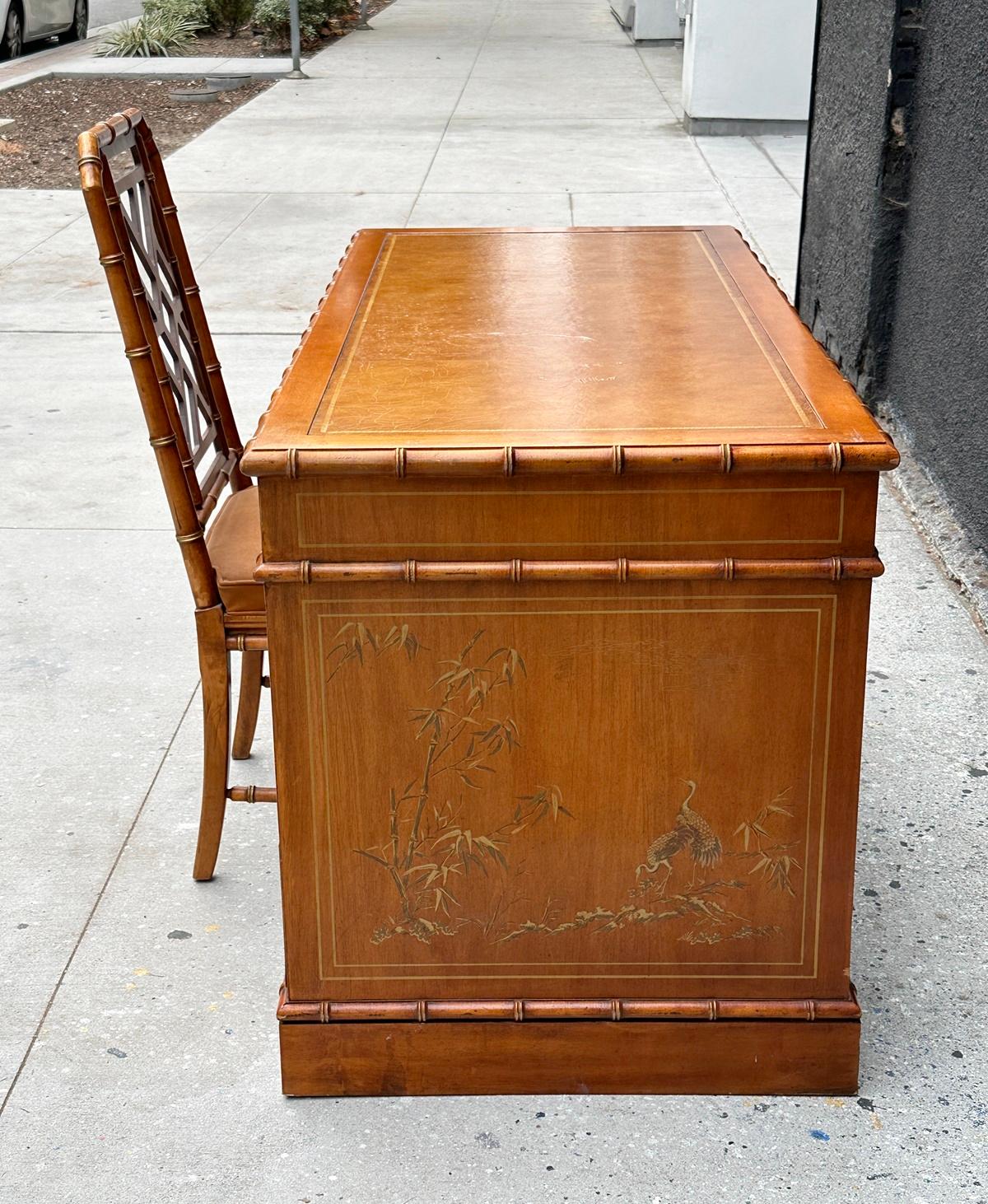 Chinoiserie Style Desk & Chair by Drexel Heritage, USA 1960's In Fair Condition For Sale In Los Angeles, CA
