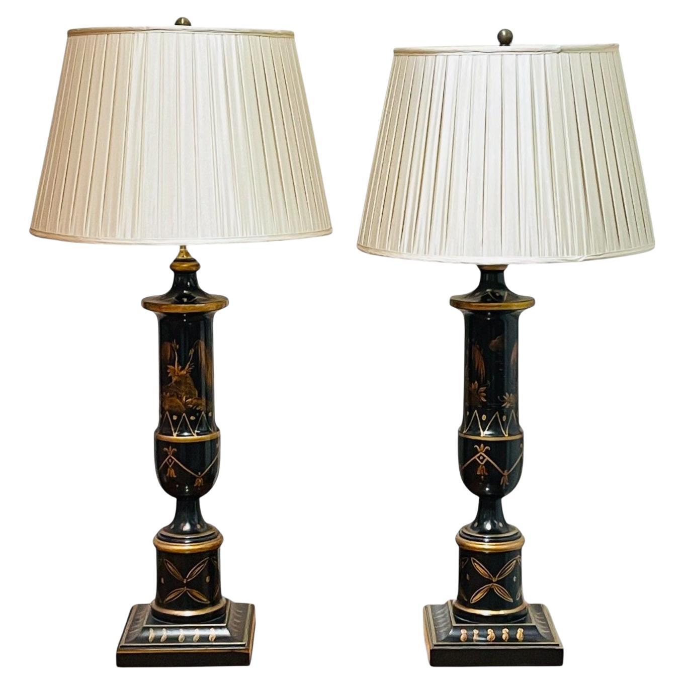 Chinoiserie Style, Ebonized Wood, Gilt, Table Lamps, USA, 1960s