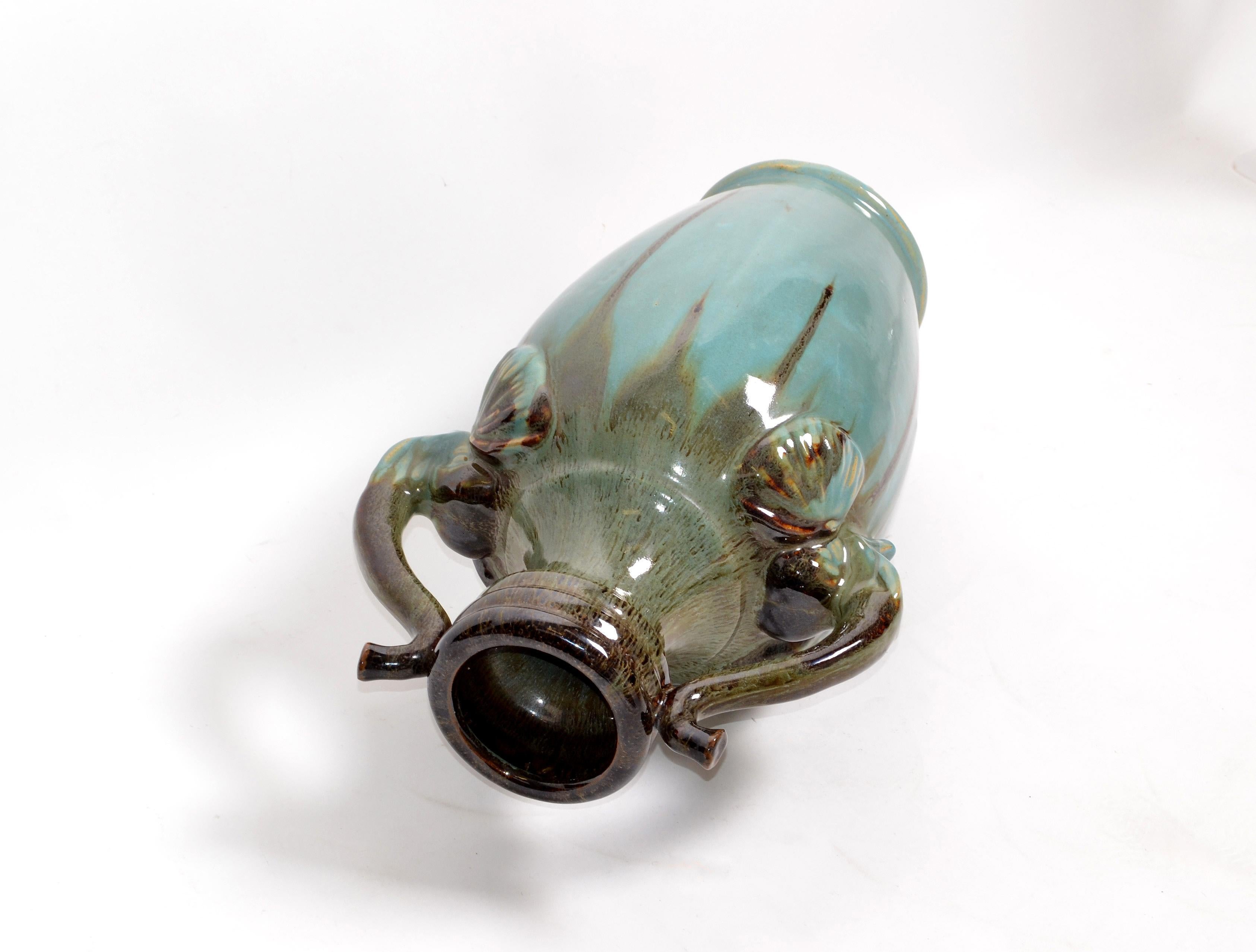 Chinoiserie Style Elephant Handles Glaze Turquoise Ceramic & Terracotta Urn Vase For Sale 1