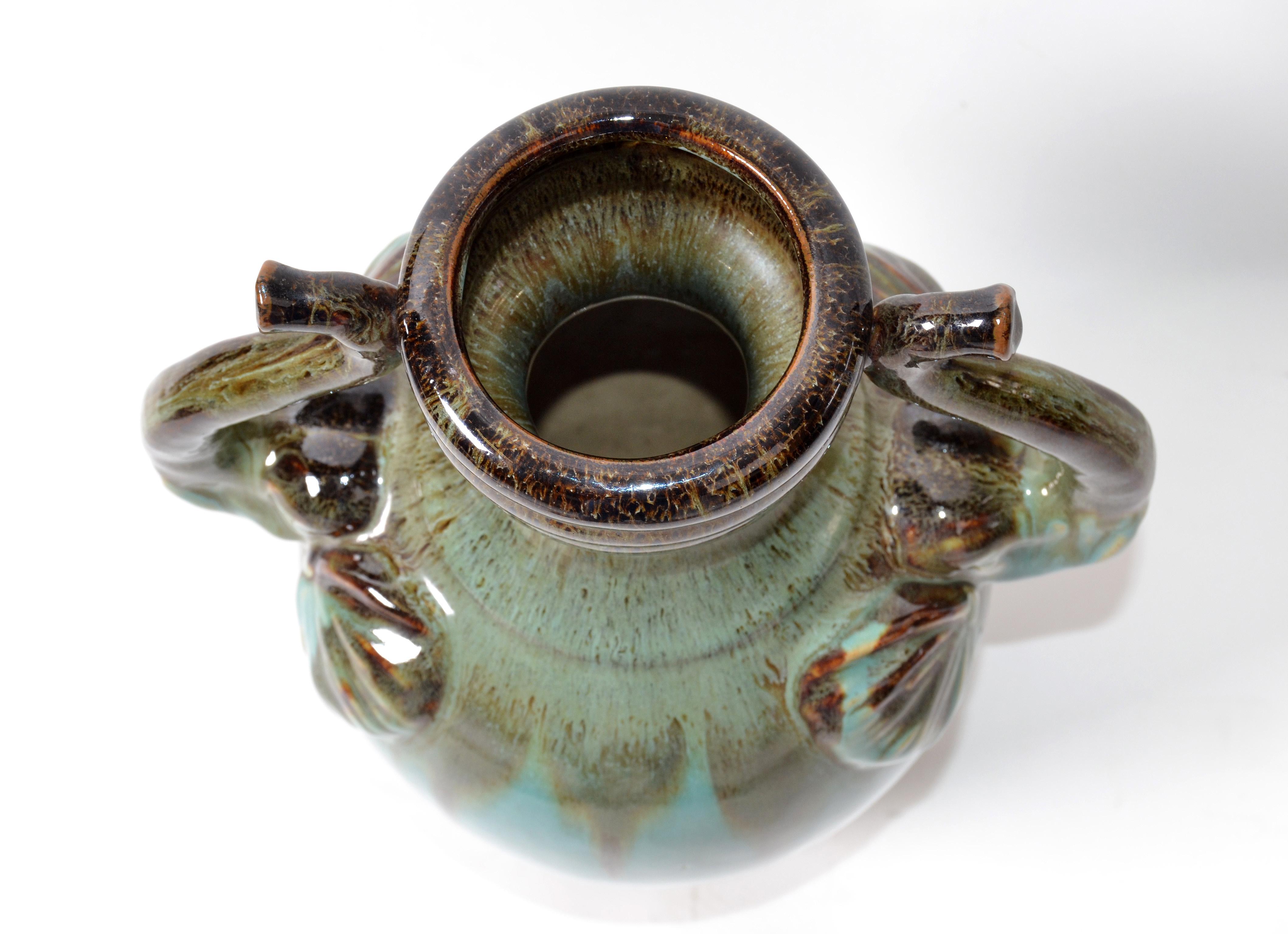 Chinoiserie Style Elephant Handles Glaze Turquoise Ceramic & Terracotta Urn Vase For Sale 2