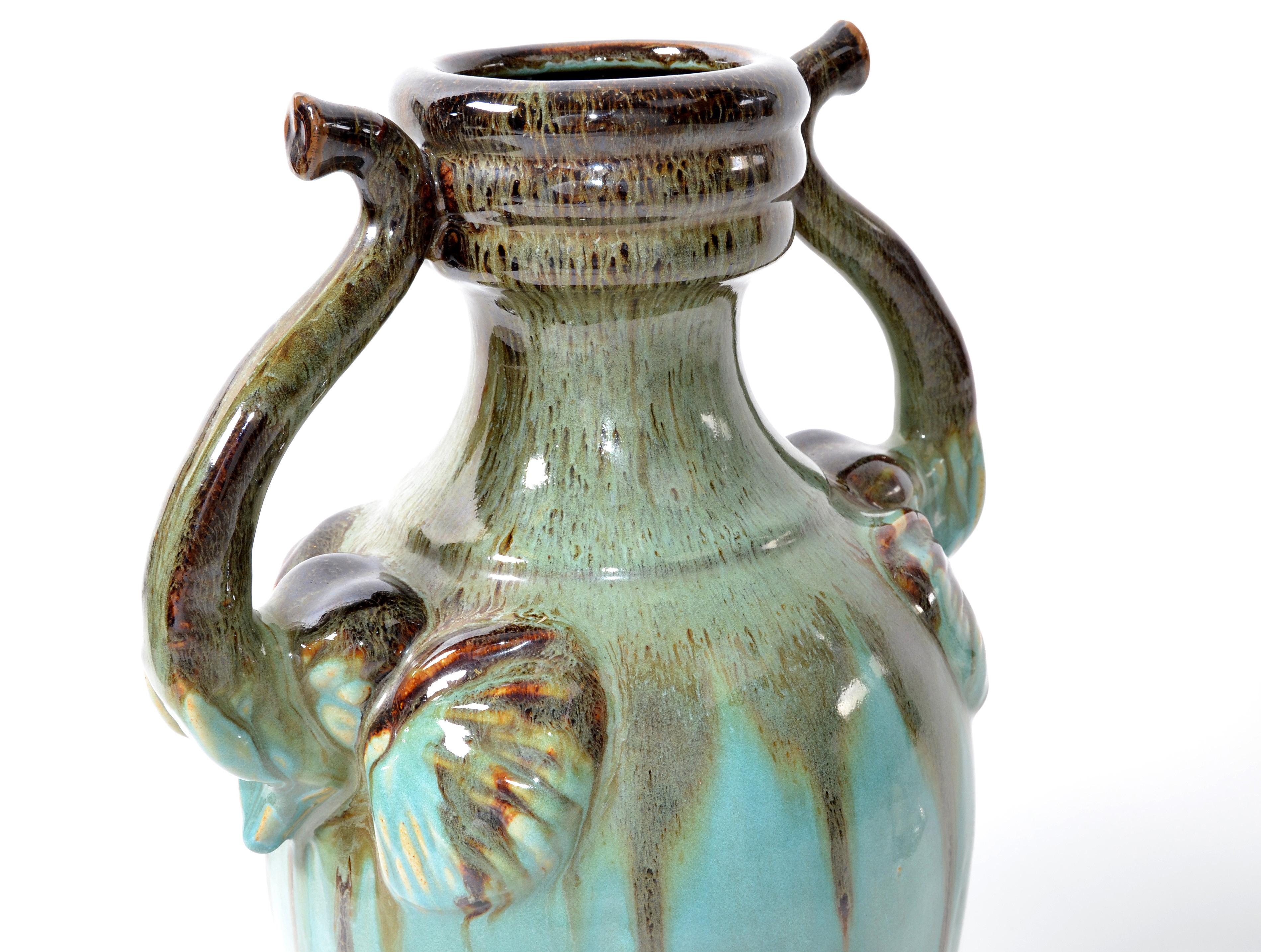 Chinoiserie Style Elephant Handles Glaze Turquoise Ceramic & Terracotta Urn Vase For Sale 3