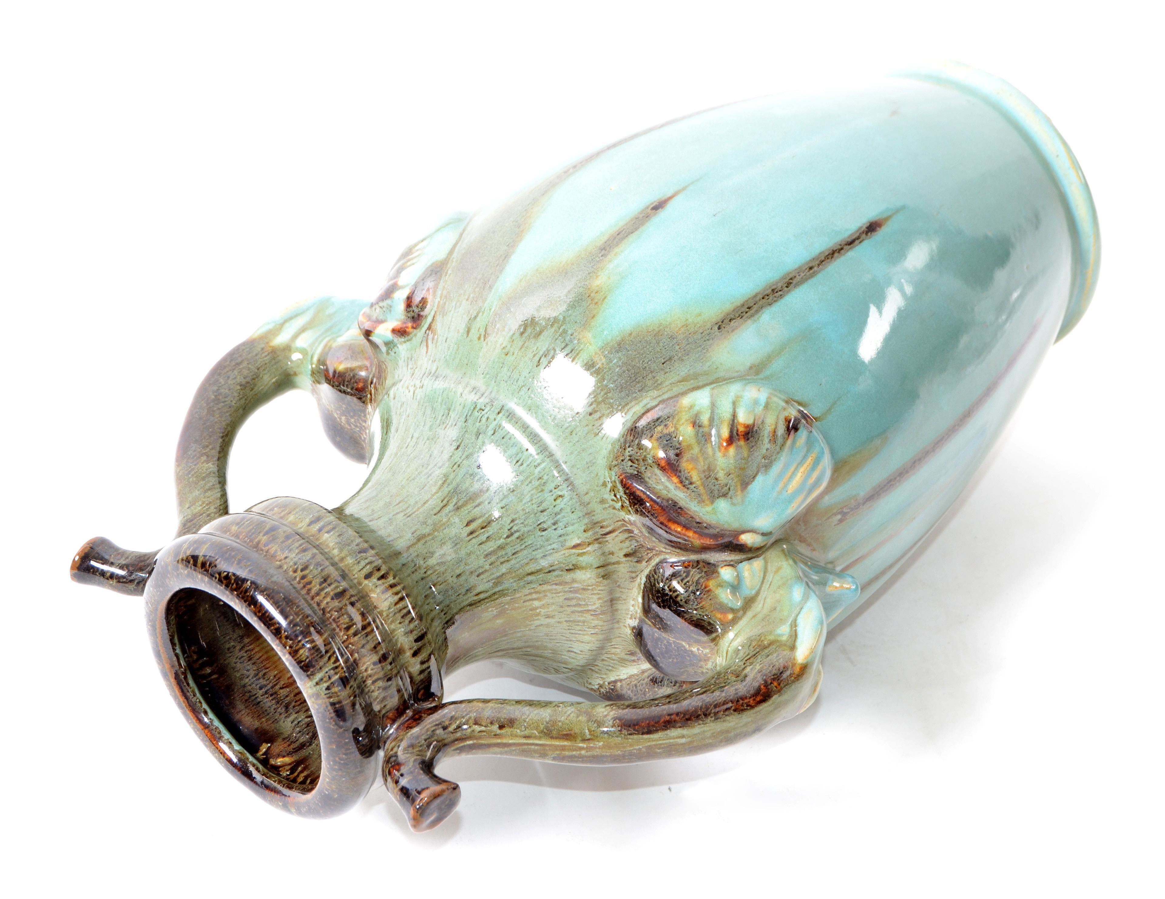 Chinoiserie Style Elephant Handles Glaze Turquoise Ceramic & Terracotta Urn Vase For Sale 4