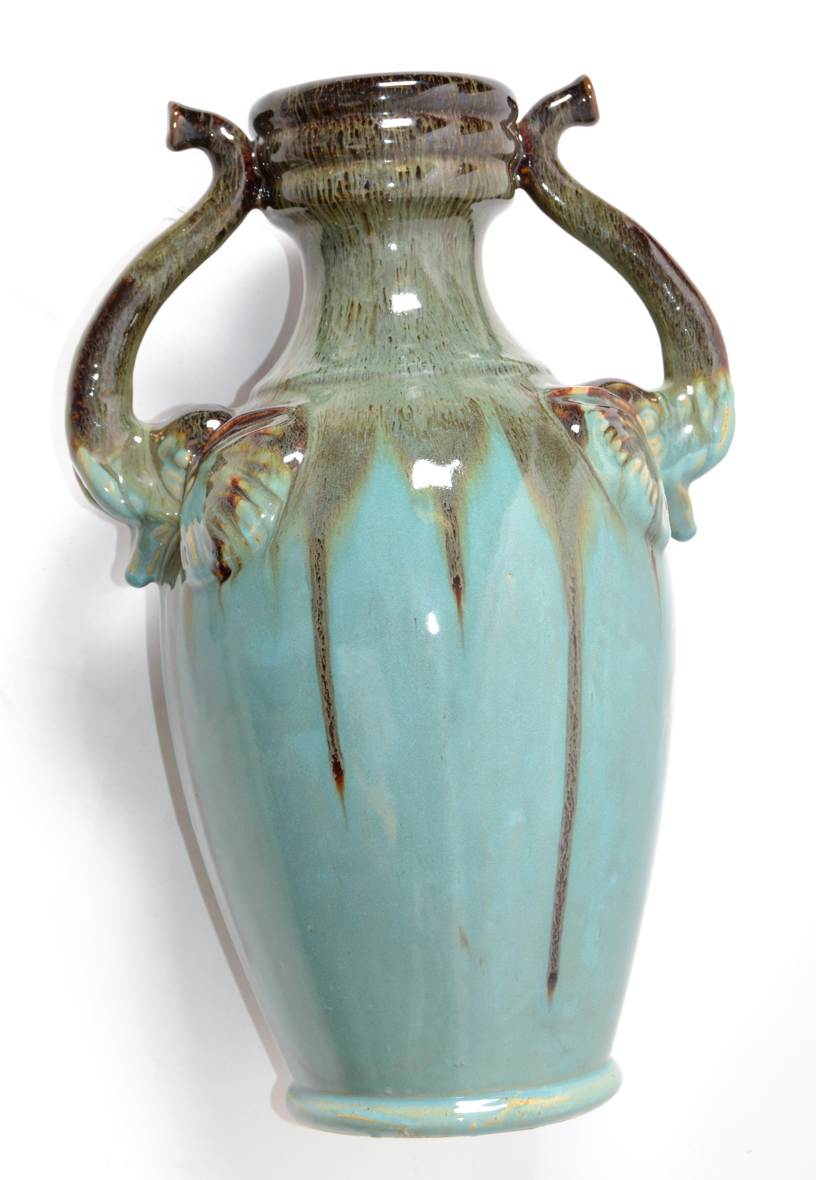 Chinoiserie Style Elephant Handles Glaze Turquoise Ceramic & Terracotta Urn Vase For Sale 5