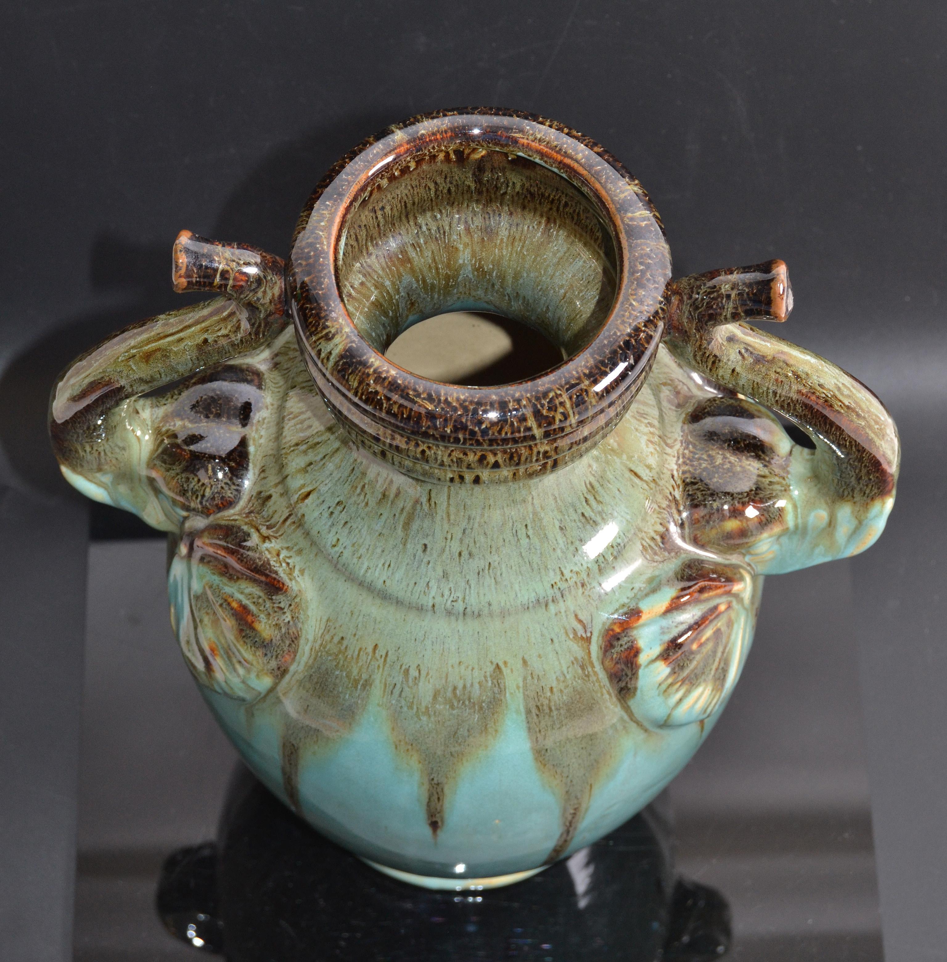 Chinoiserie Style Elephant Handles Glaze Turquoise Ceramic & Terracotta Urn Vase For Sale 7