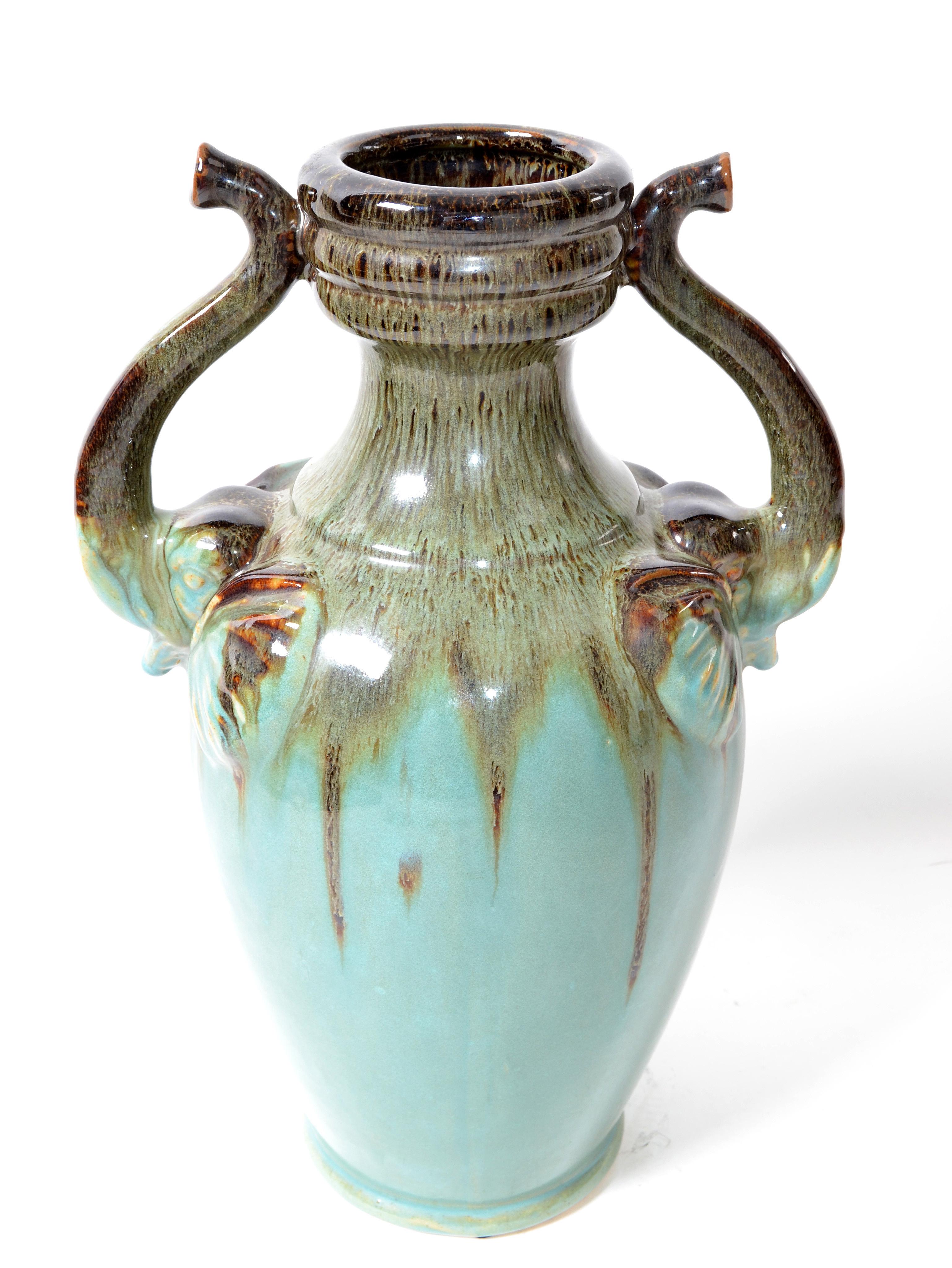 Chinoiserie Style Elephant Handles Glaze Turquoise Ceramic & Terracotta Urn Vase For Sale 8