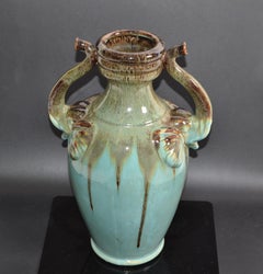 Chinoiserie Style Elephant Handles Glaze Turquoise Ceramic & Terracotta Urn Vase