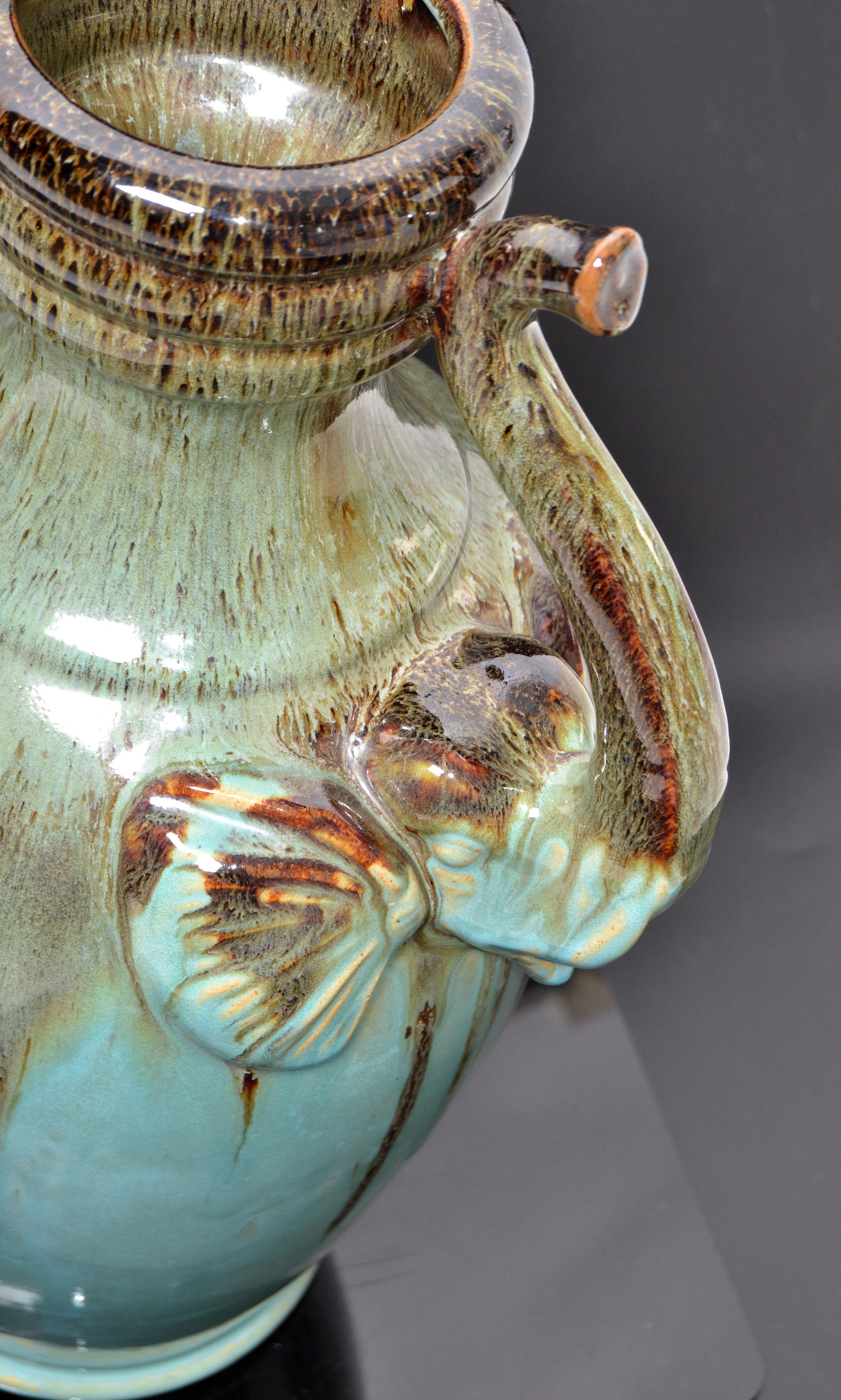 American Chinoiserie Style Elephant Handles Glaze Turquoise Ceramic & Terracotta Urn Vase For Sale