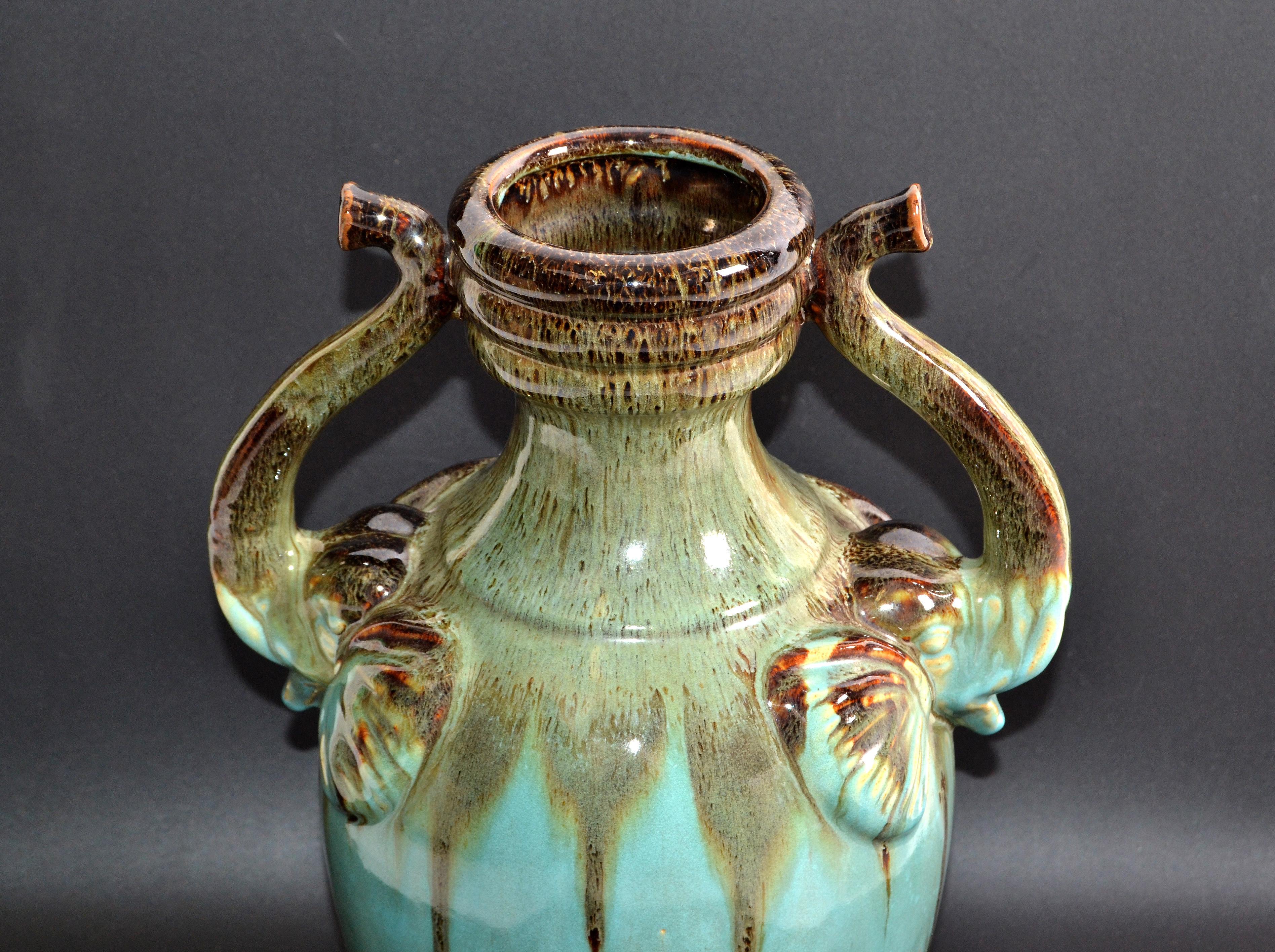 Glazed Chinoiserie Style Elephant Handles Glaze Turquoise Ceramic & Terracotta Urn Vase For Sale