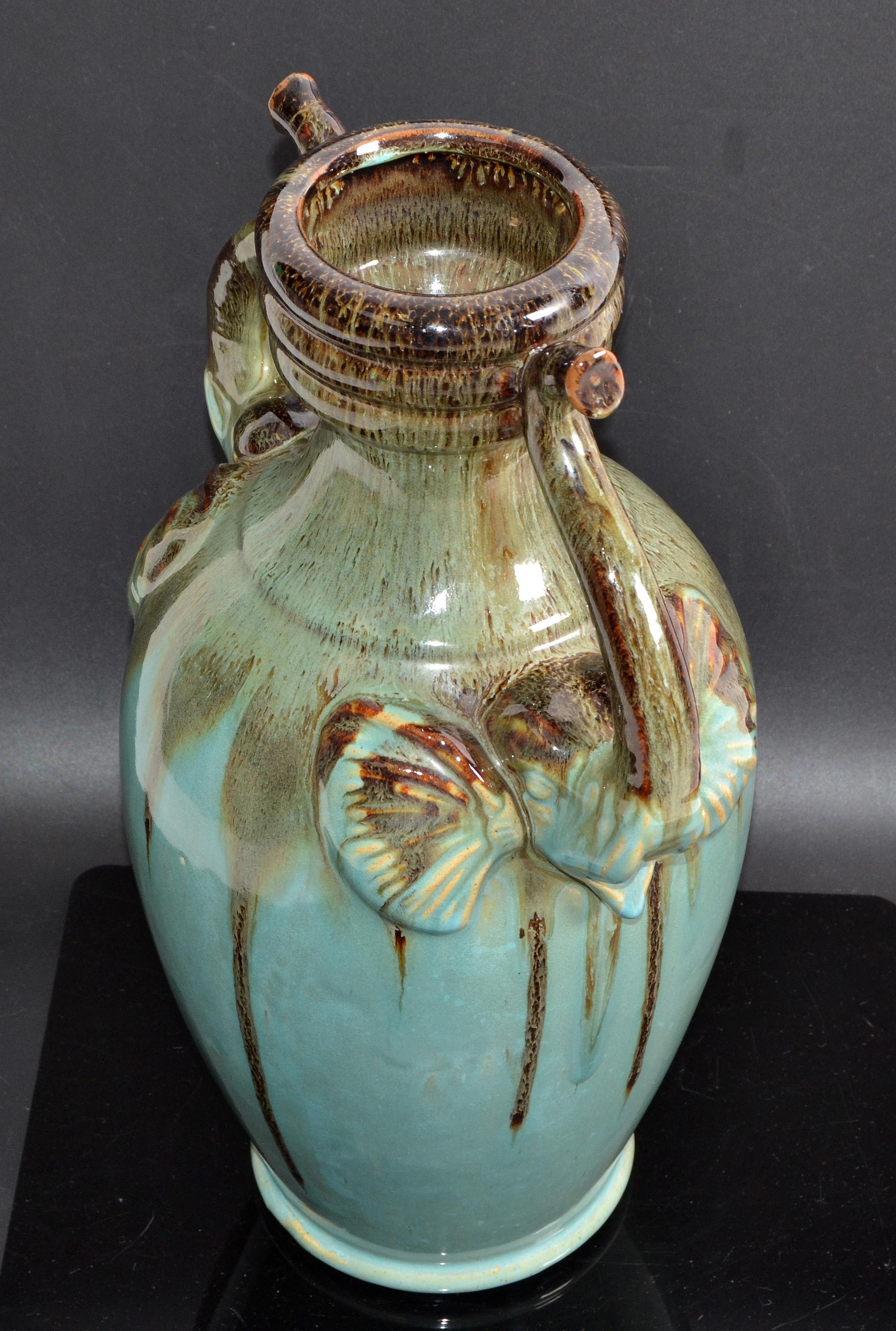 Chinoiserie Style Elephant Handles Glaze Turquoise Ceramic & Terracotta Urn Vase In Good Condition For Sale In Miami, FL