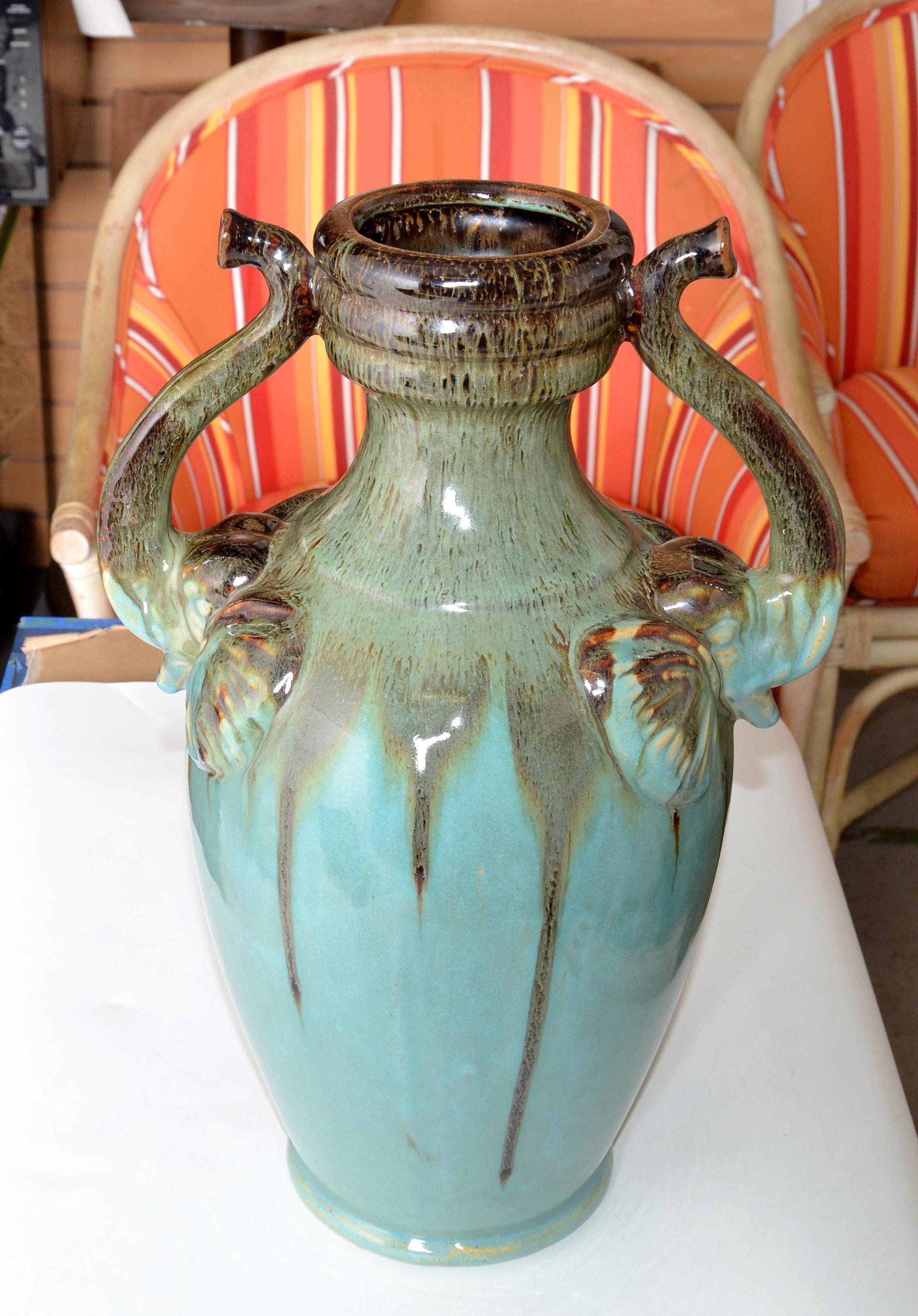 Late 20th Century Chinoiserie Style Elephant Handles Glaze Turquoise Ceramic & Terracotta Urn Vase For Sale