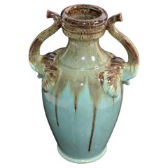 Chinoiserie Style Elephant Handles Glaze Turquoise Ceramic & Terracotta Urn Vase