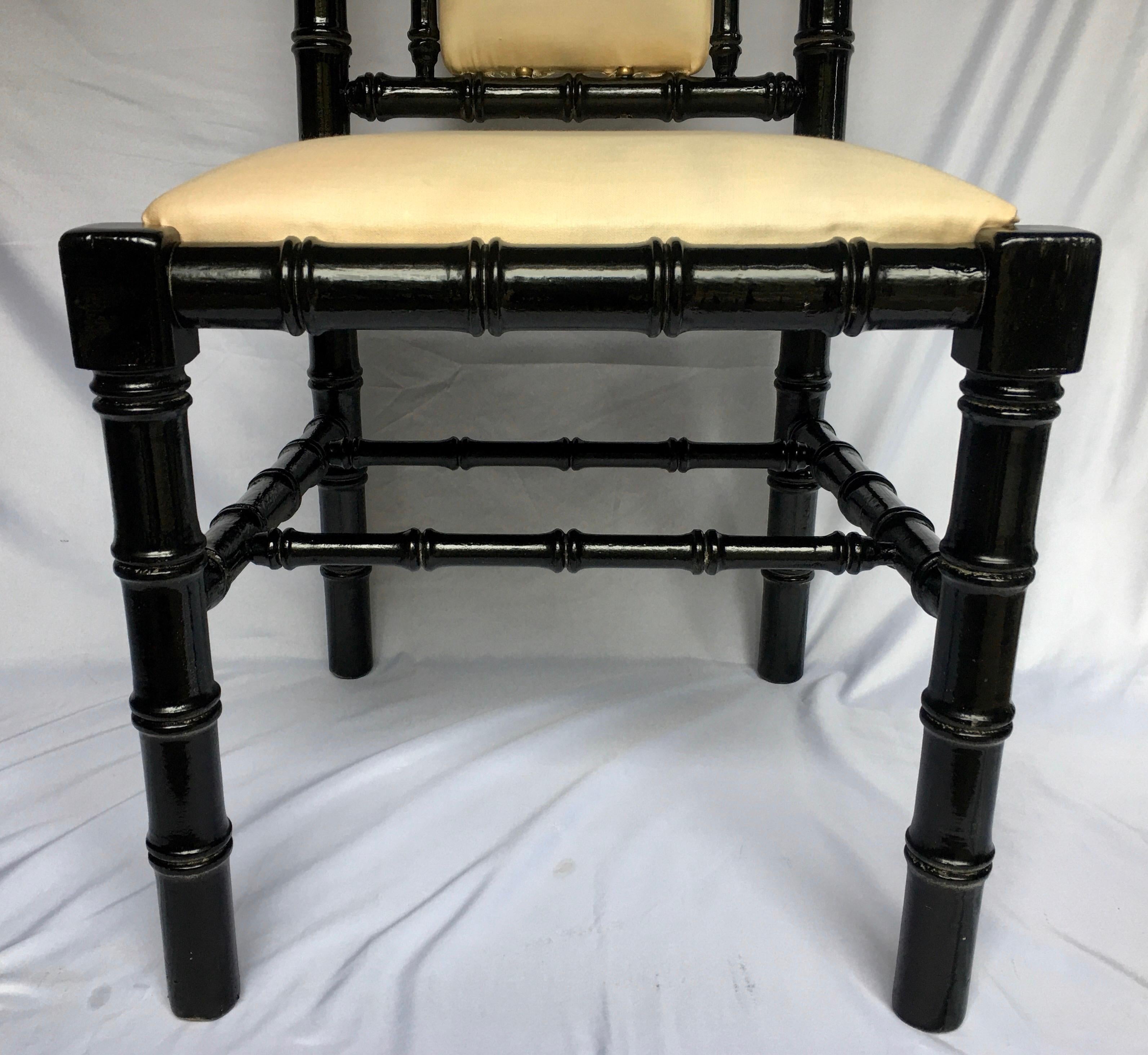 Upholstery Chinoiserie Style Faux Bamboo Black Lacquer Side Desk Chair