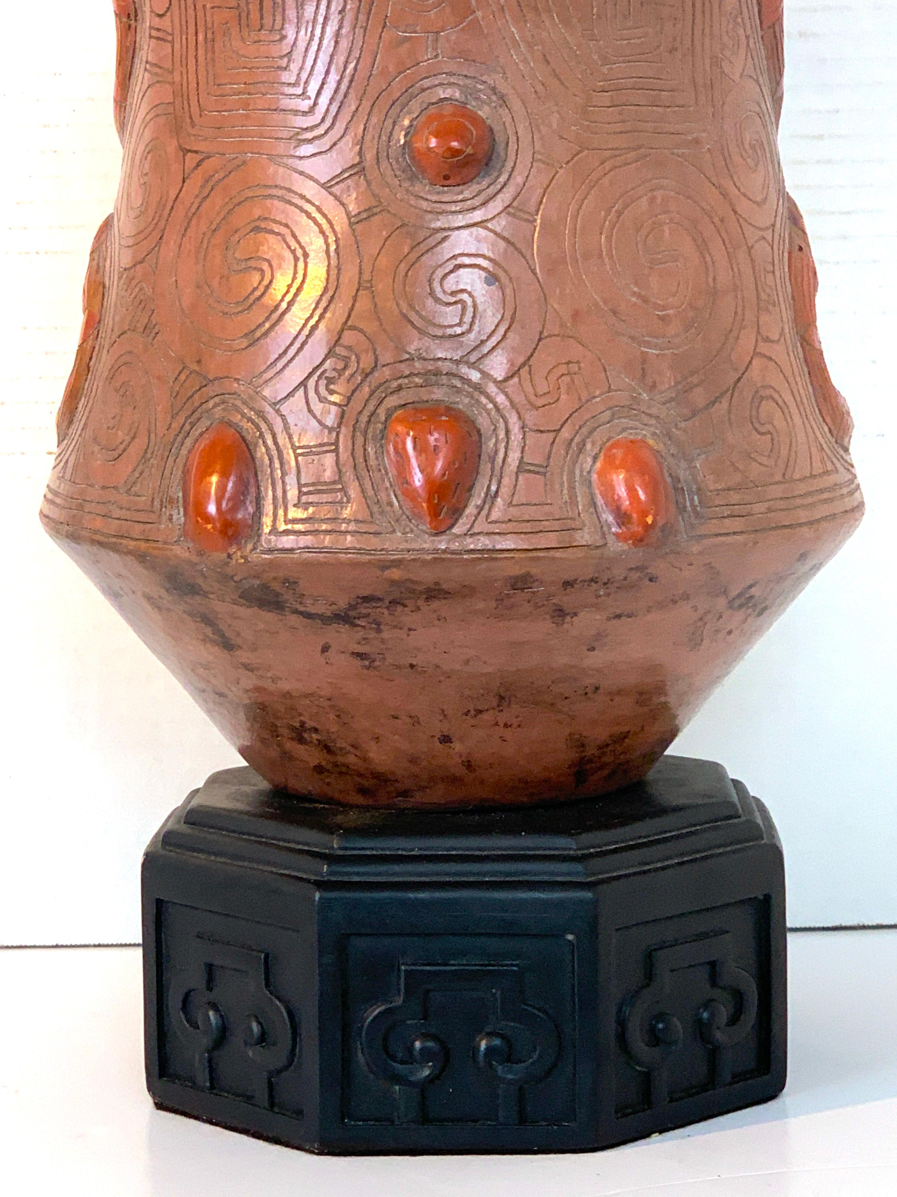 Carved Chinoiserie Style Figural Pottery Attendant Lamp For Sale