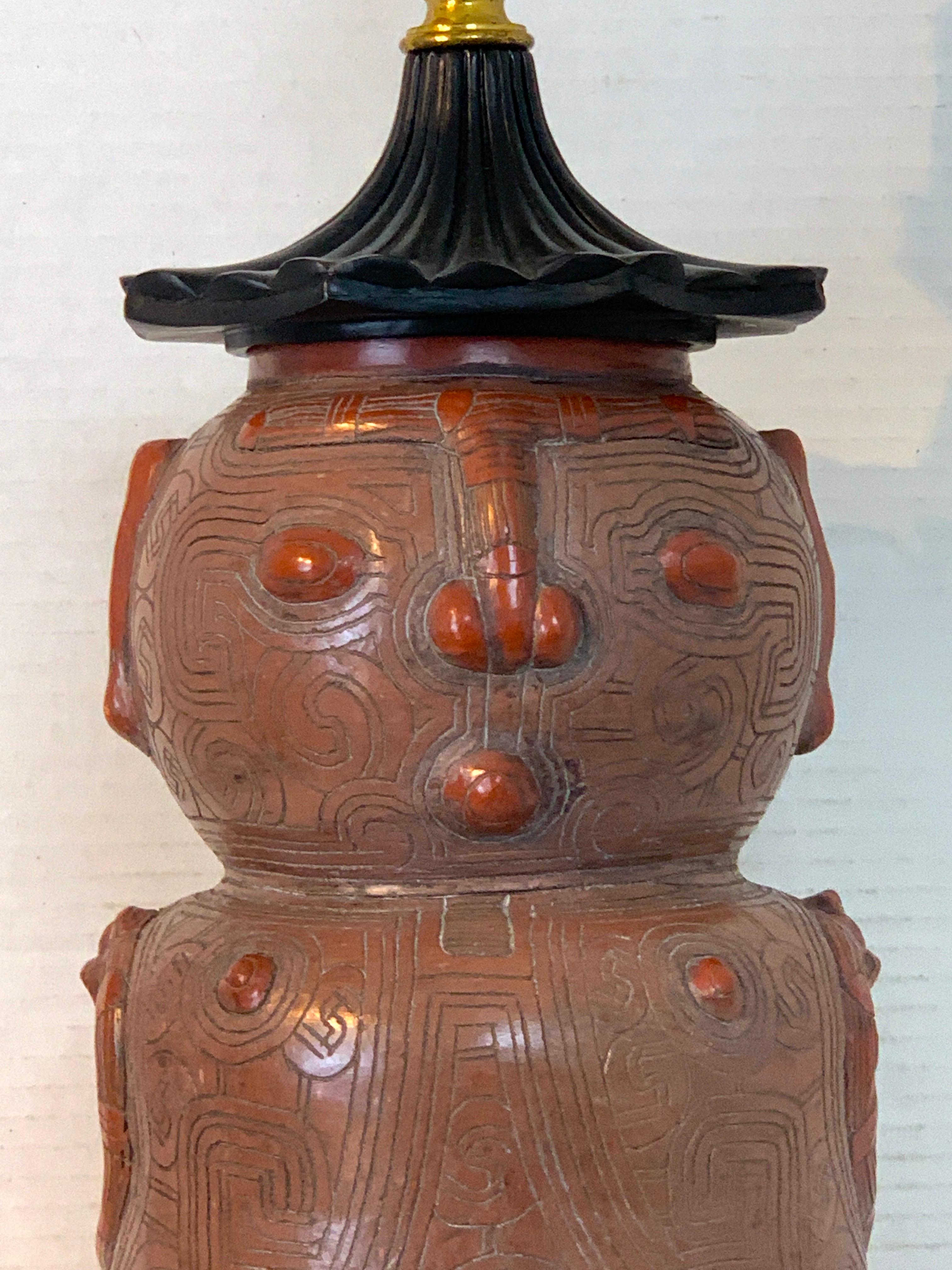 20th Century Chinoiserie Style Figural Pottery Attendant Lamp For Sale