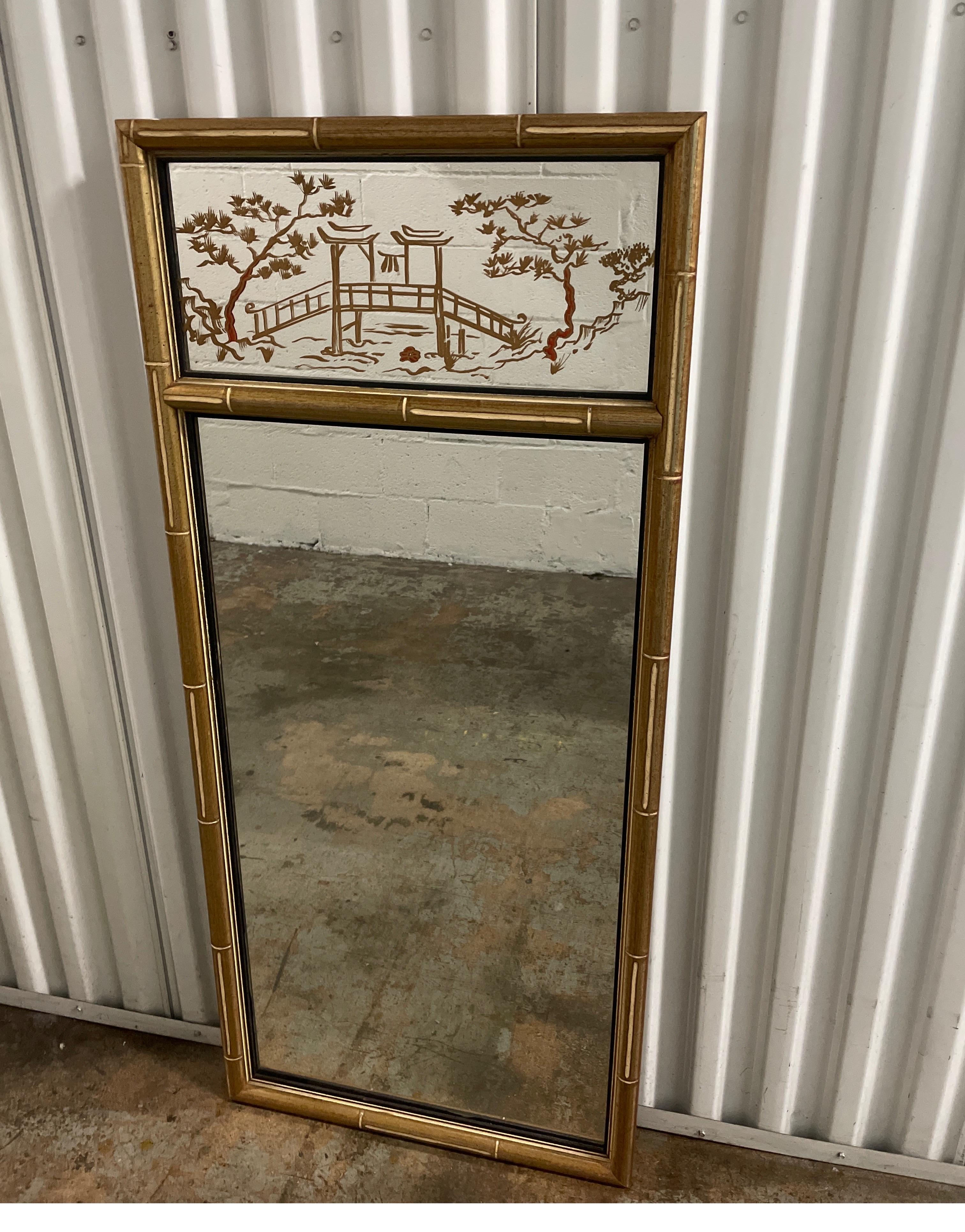 Chinoiserie Style Gilded Faux Bamboo Trumeau Mirror In Good Condition In West Palm Beach, FL