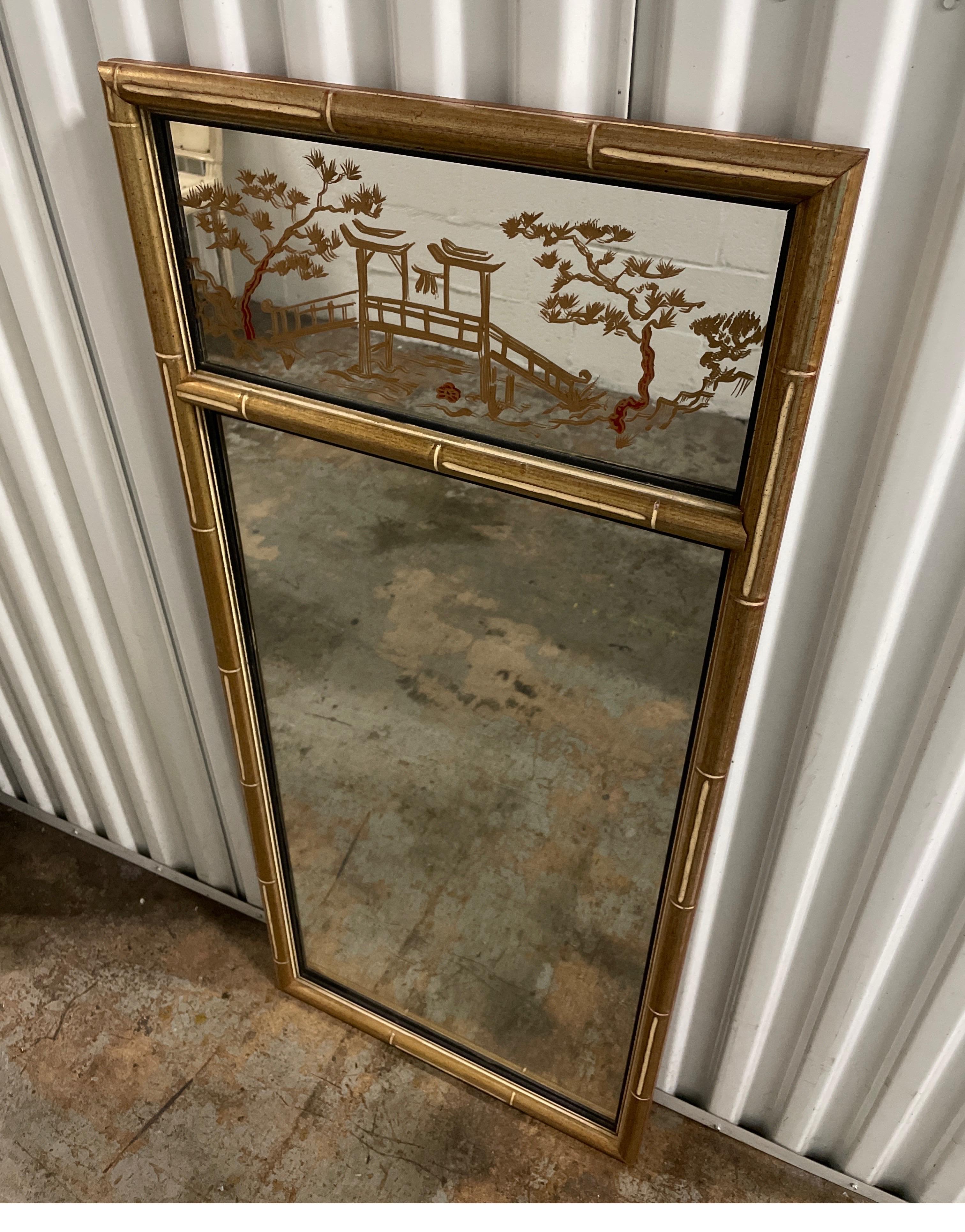 20th Century Chinoiserie Style Gilded Faux Bamboo Trumeau Mirror