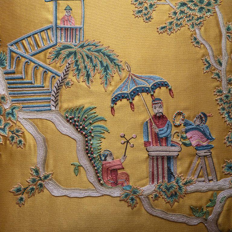 British Chinoiserie Style Hand Embroidered Cushion For Sale