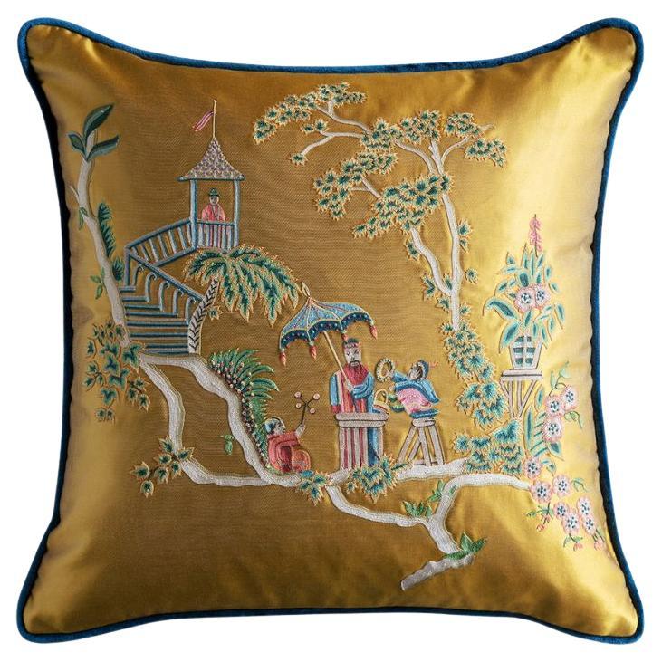 Chinoiserie Style Hand Embroidered Cushion For Sale