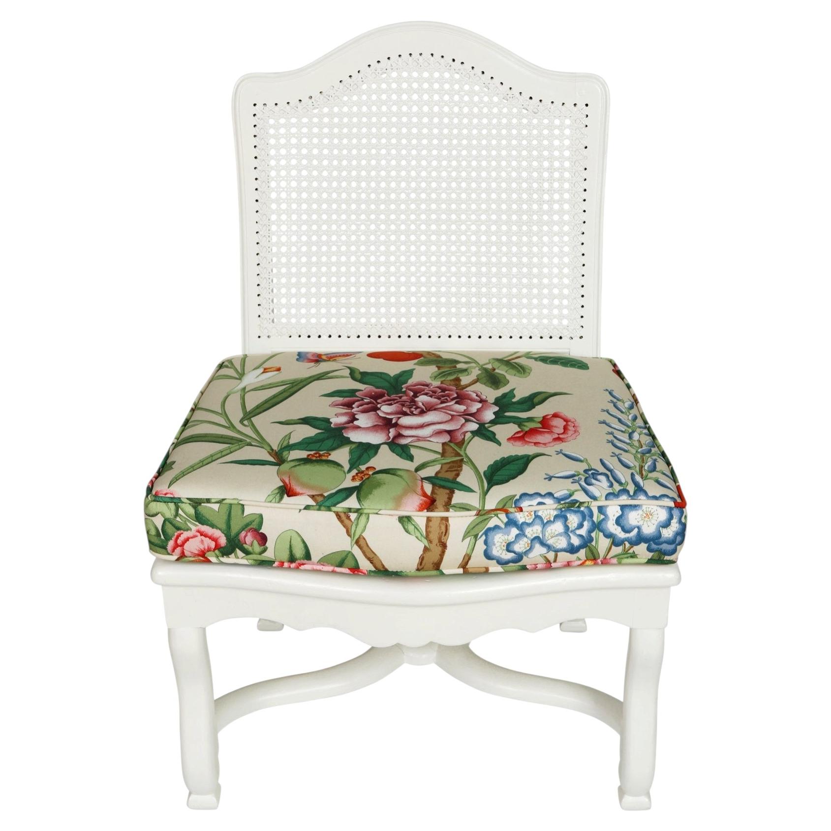 Chinoiserie Style Painted Cane Slipper Chair With Floral Cushion For Sale