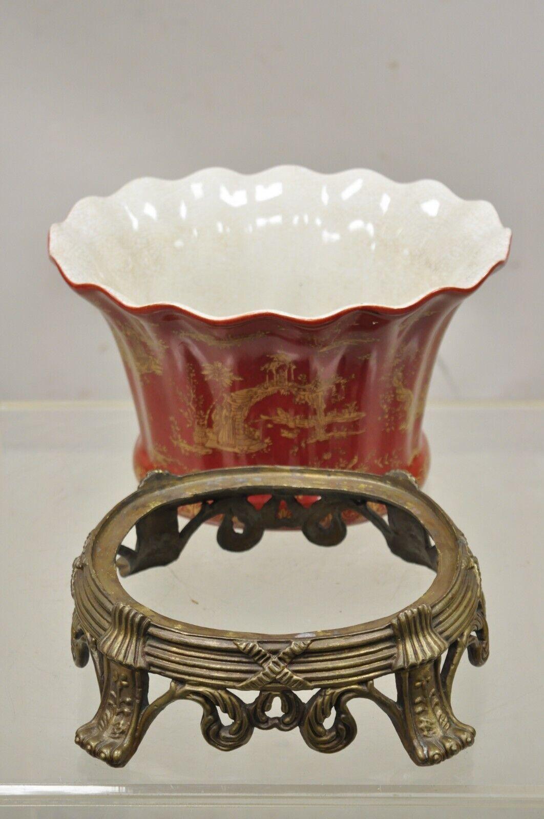 Chinoiserie Style Red Ceramic Scalloped Planter Pot on Ornate Bronze Base For Sale 3