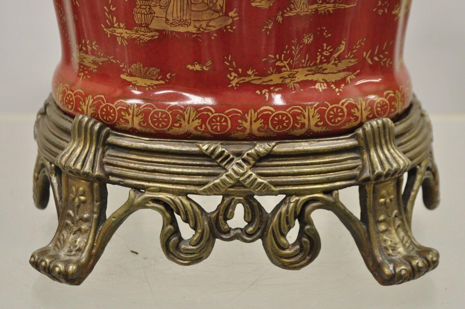 Chinoiserie Style Red Ceramic Scalloped Planter Pot on Ornate Bronze Base In Good Condition For Sale In Philadelphia, PA