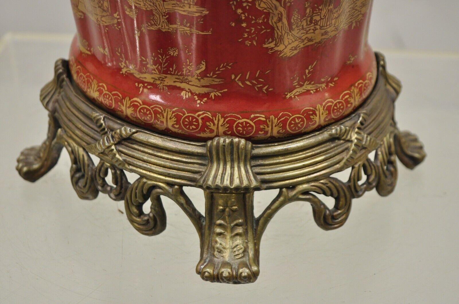 20th Century Chinoiserie Style Red Ceramic Scalloped Planter Pot on Ornate Bronze Base For Sale