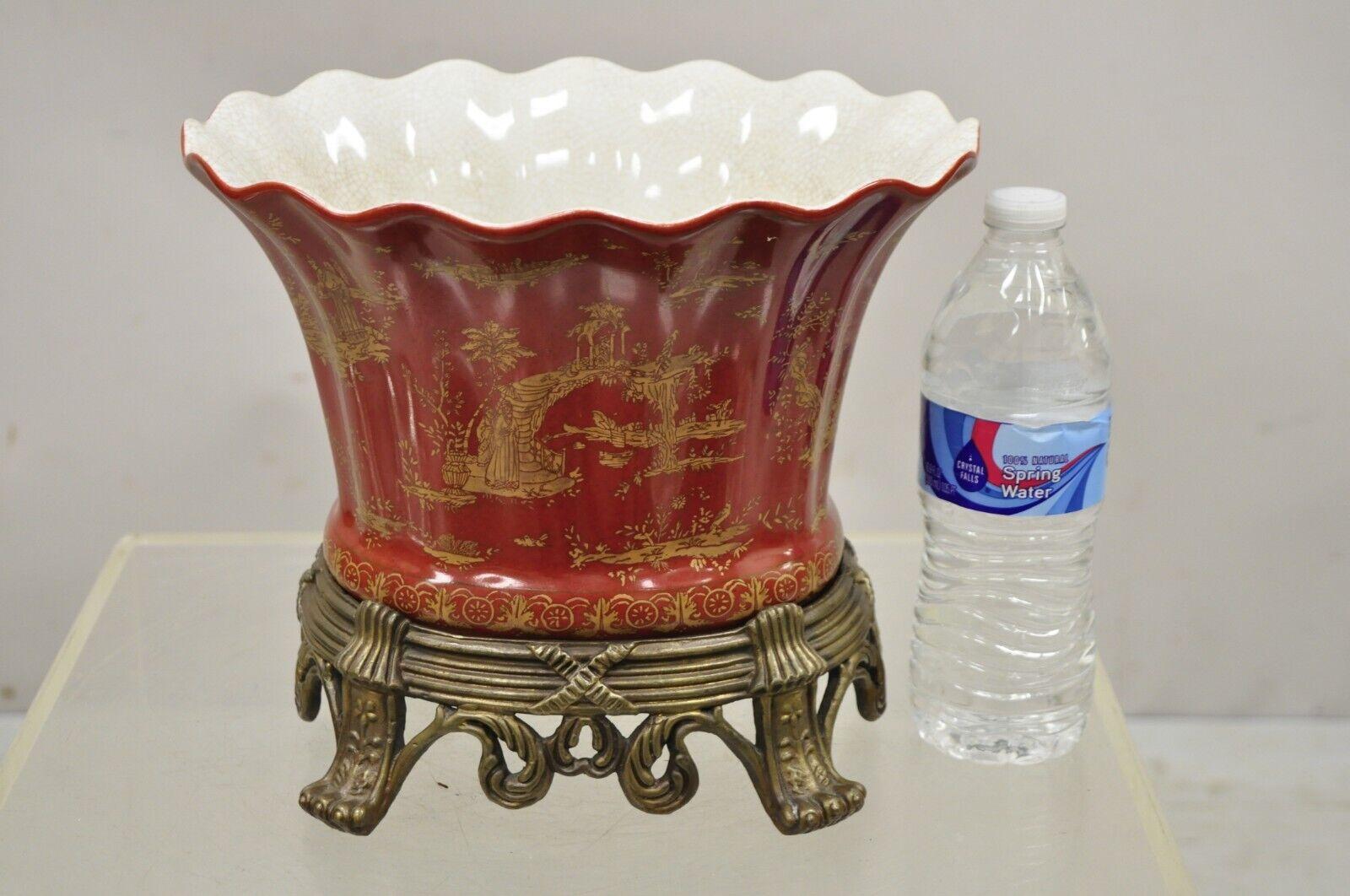 Chinoiserie Style Red Ceramic Scalloped Planter Pot on Ornate Bronze Base For Sale 2