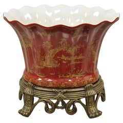 Retro Chinoiserie Style Red Ceramic Scalloped Planter Pot on Ornate Bronze Base