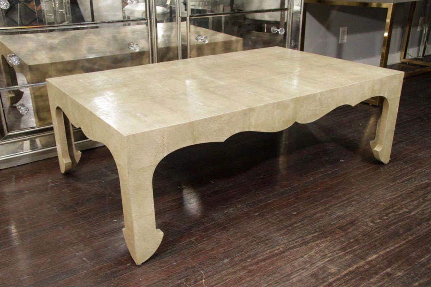 Custom Jean Michel Frank style cocktail table in genuine shagreen.

Available for custom order in different sizes and colors.

Dimensions:
Height: 16 in. (40.64 cm)
Width: 48 in. (121.92 cm)
Depth: 30 in. (76.2 cm)
Style: Modern (In the Style