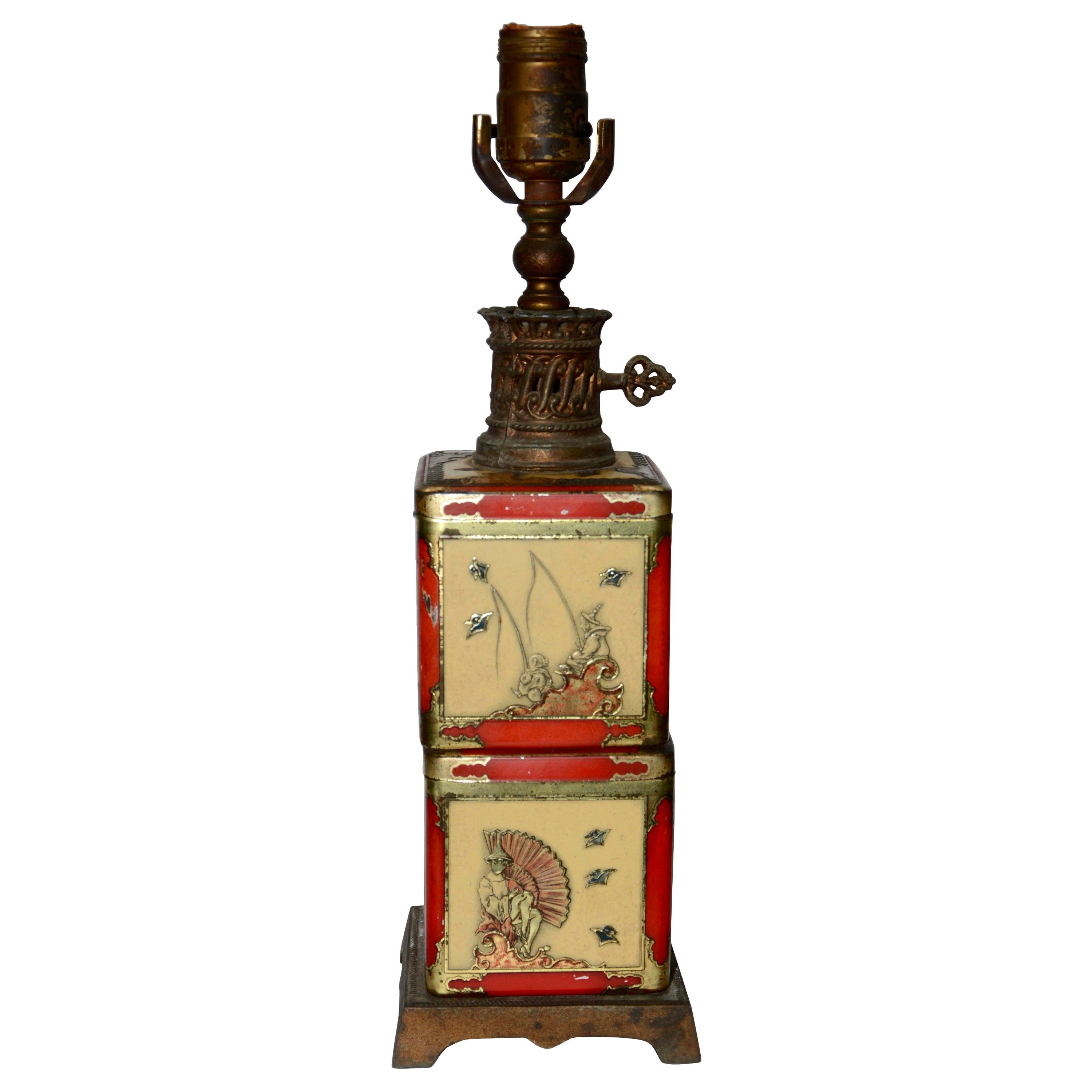 Chinoiserie Style Tea Tin Electric Table Lamp For Sale