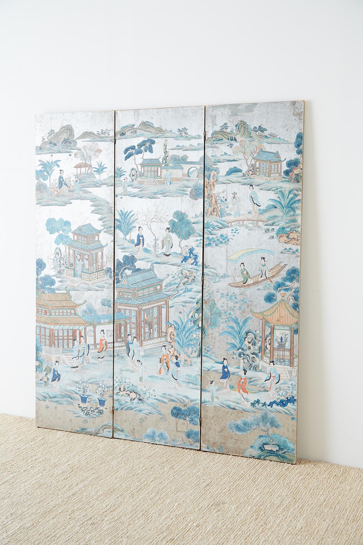 Hand-Painted Chinese Qing Three-Panel Silver Leaf Painted Screen