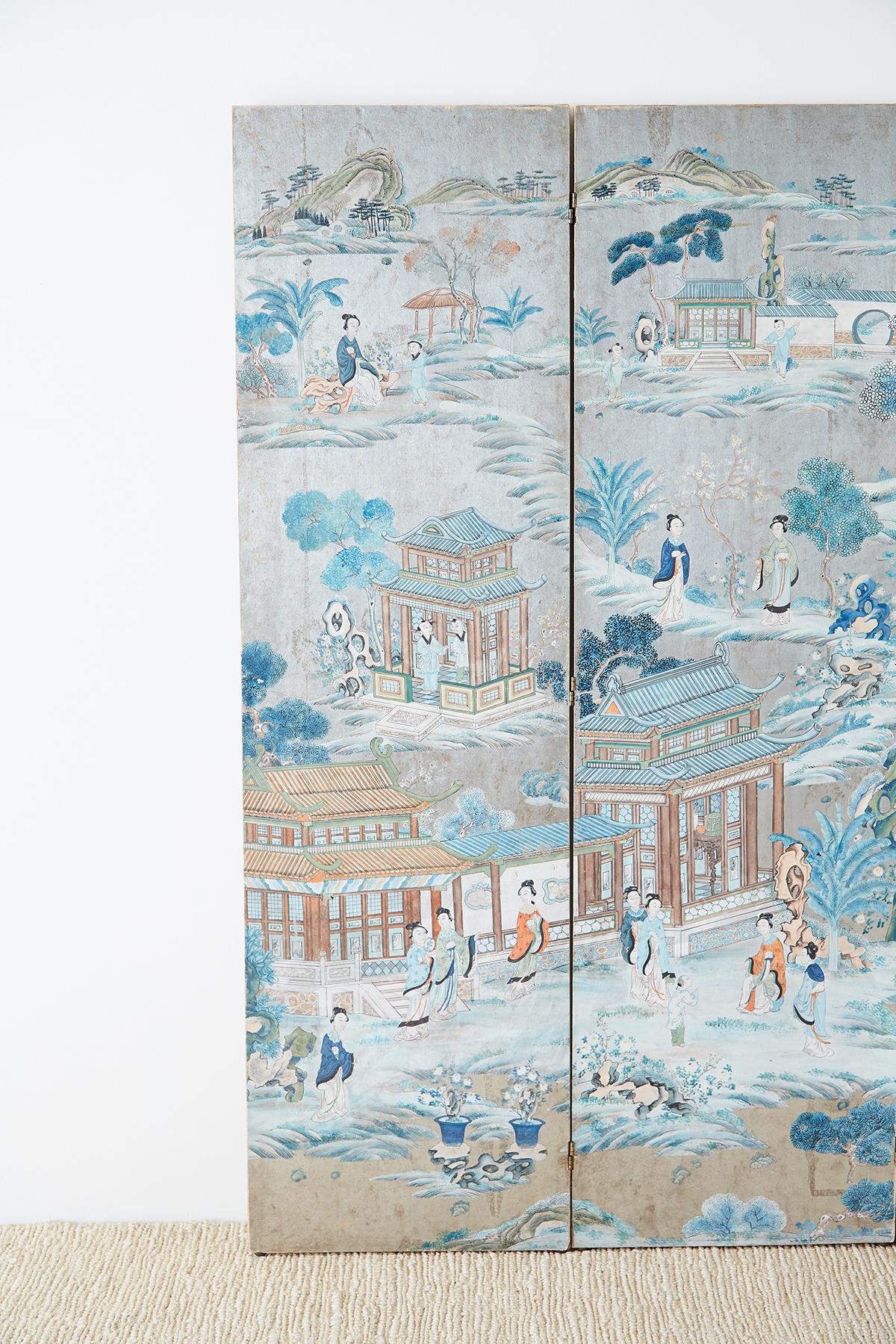 19th Century Chinese Qing Three-Panel Silver Leaf Painted Screen