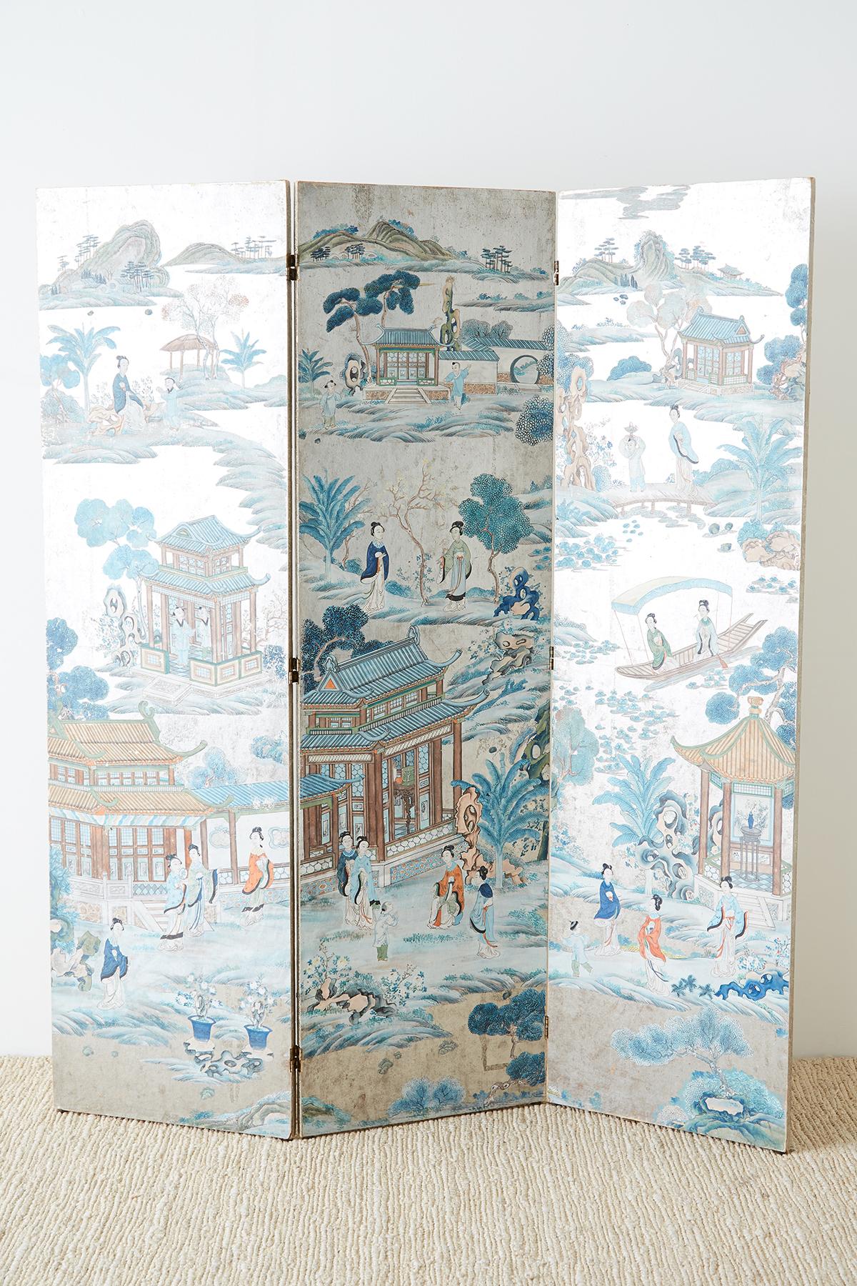Chinese Qing Three-Panel Silver Leaf Painted Screen 2