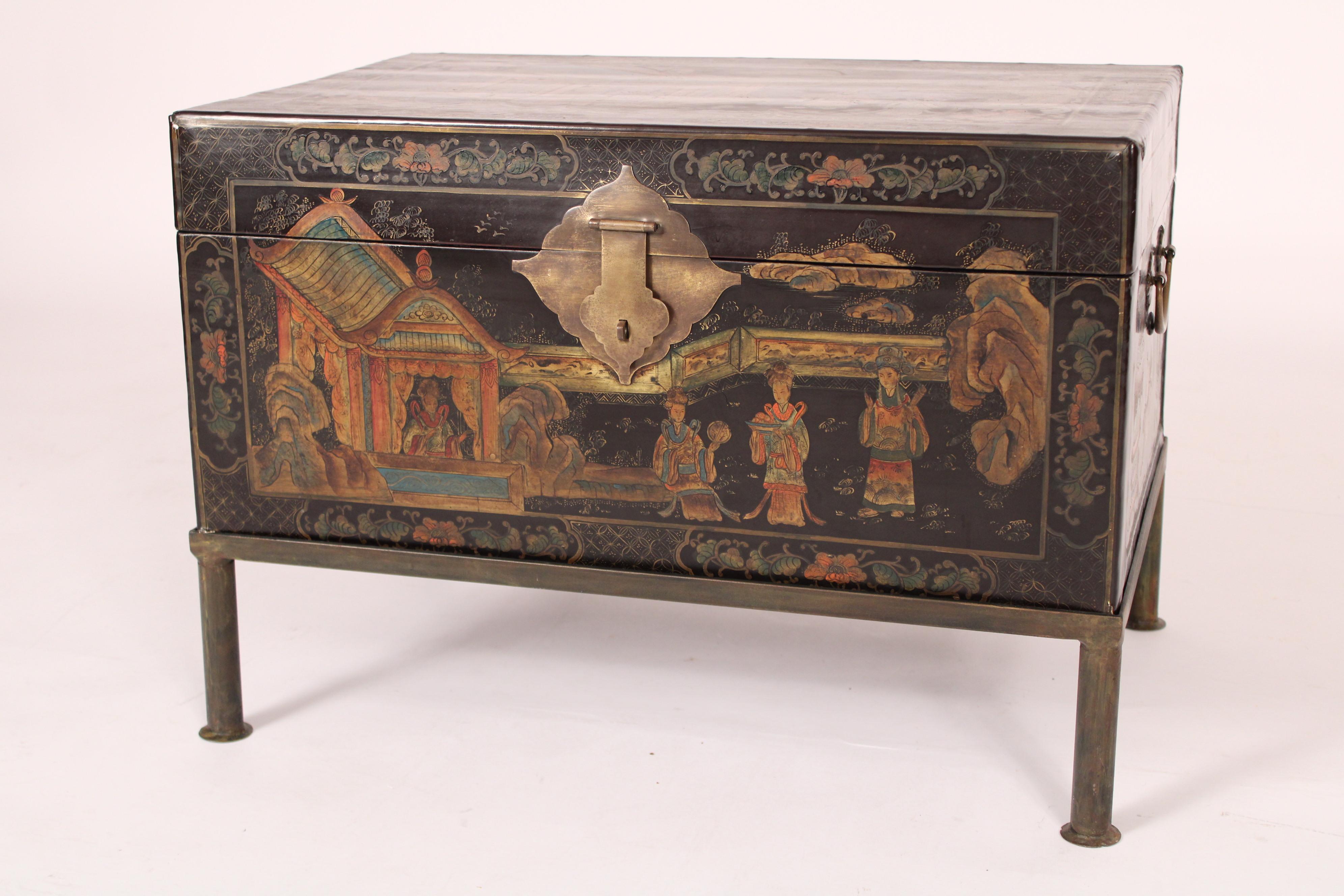 Chinoiserie Style Trunk on Stand In Good Condition In Laguna Beach, CA