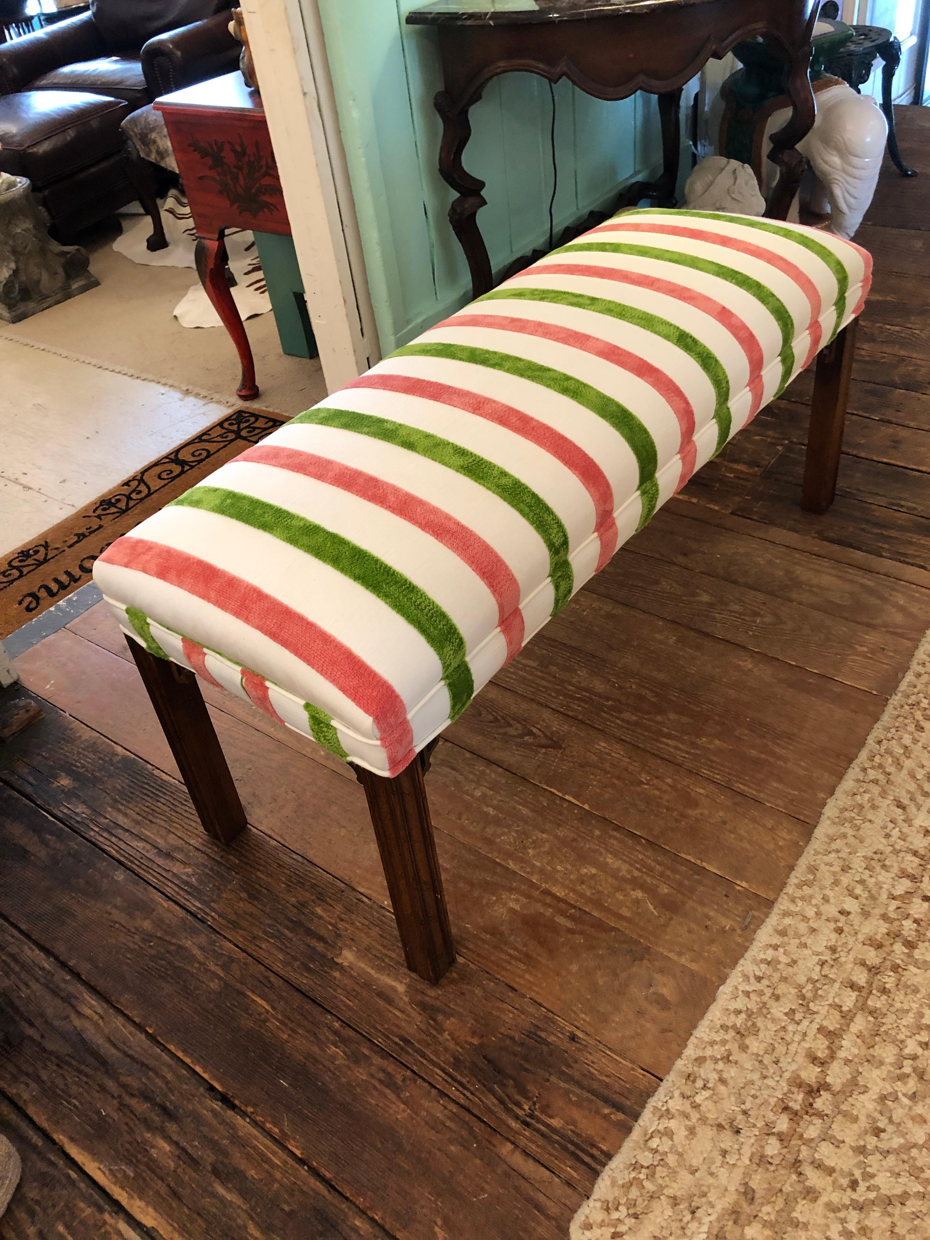 Chinese Chippendale Chinoiserie Style  Vintage Bench with New Striped Cut Velvet Upholstery