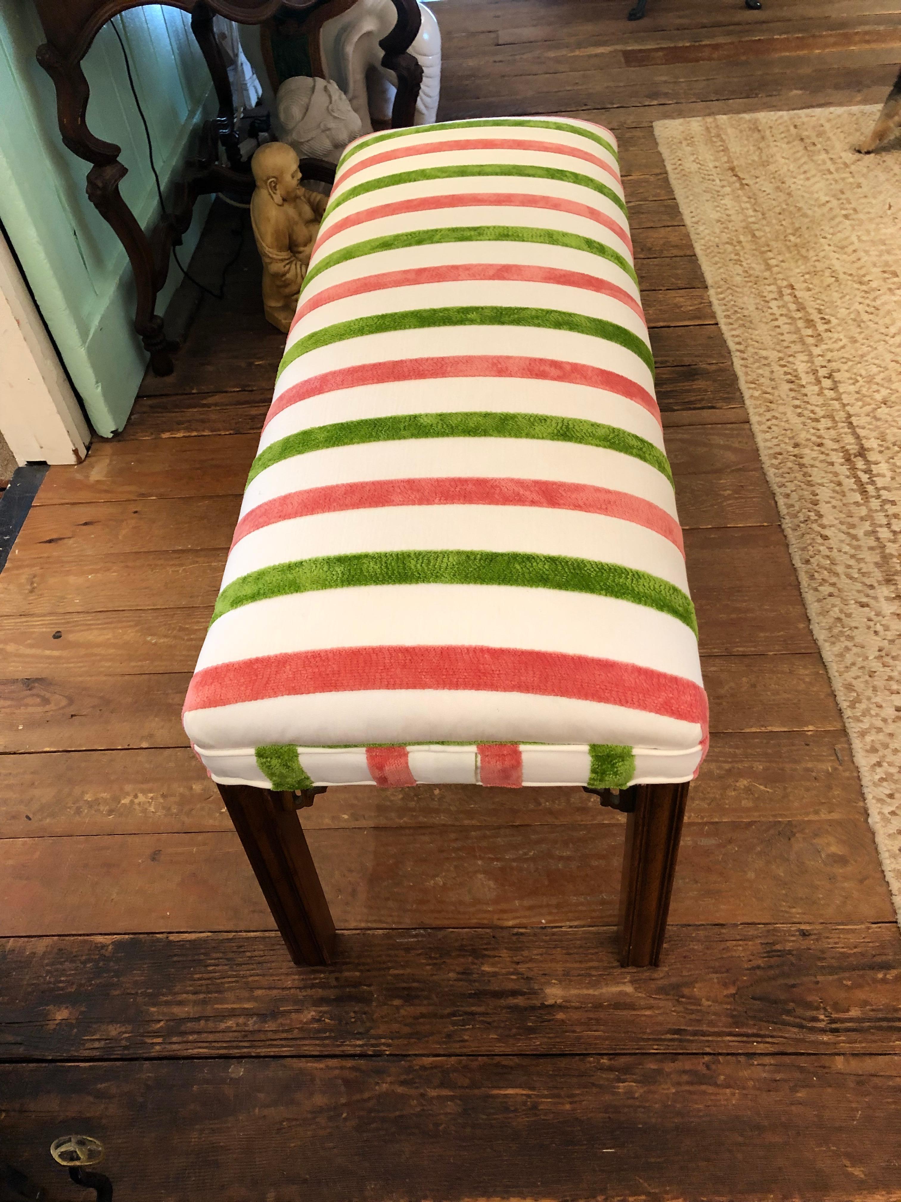 Chinoiserie Style  Vintage Bench with New Striped Cut Velvet Upholstery 1