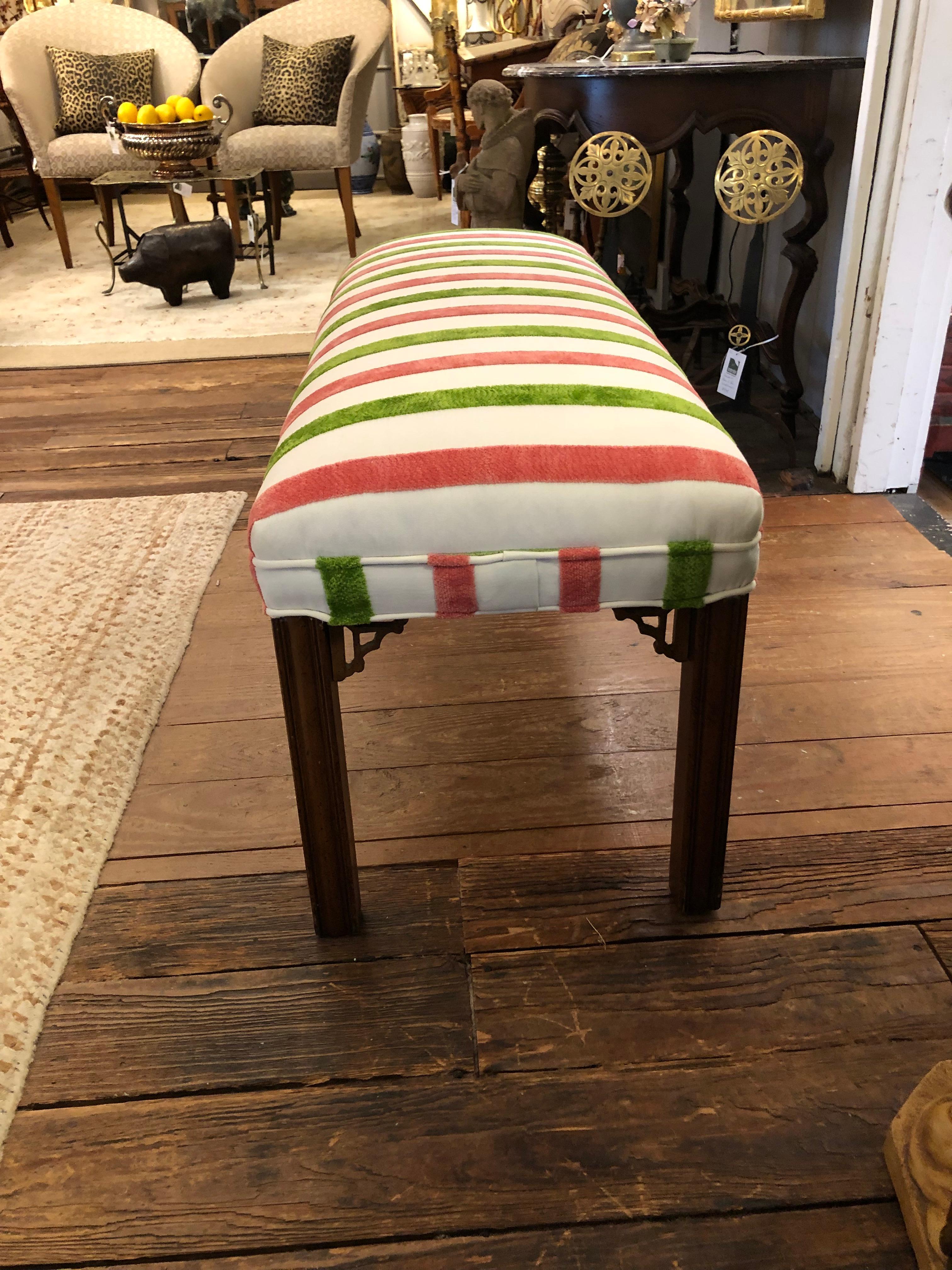 Chinoiserie Style  Vintage Bench with New Striped Cut Velvet Upholstery 2