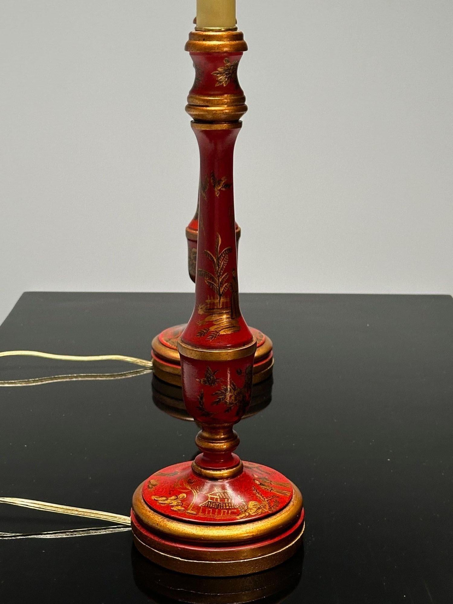 Chinoiserie, Table, Desk Lamps, Red Jappanned Wood, Giltwood, 1940s For Sale 8