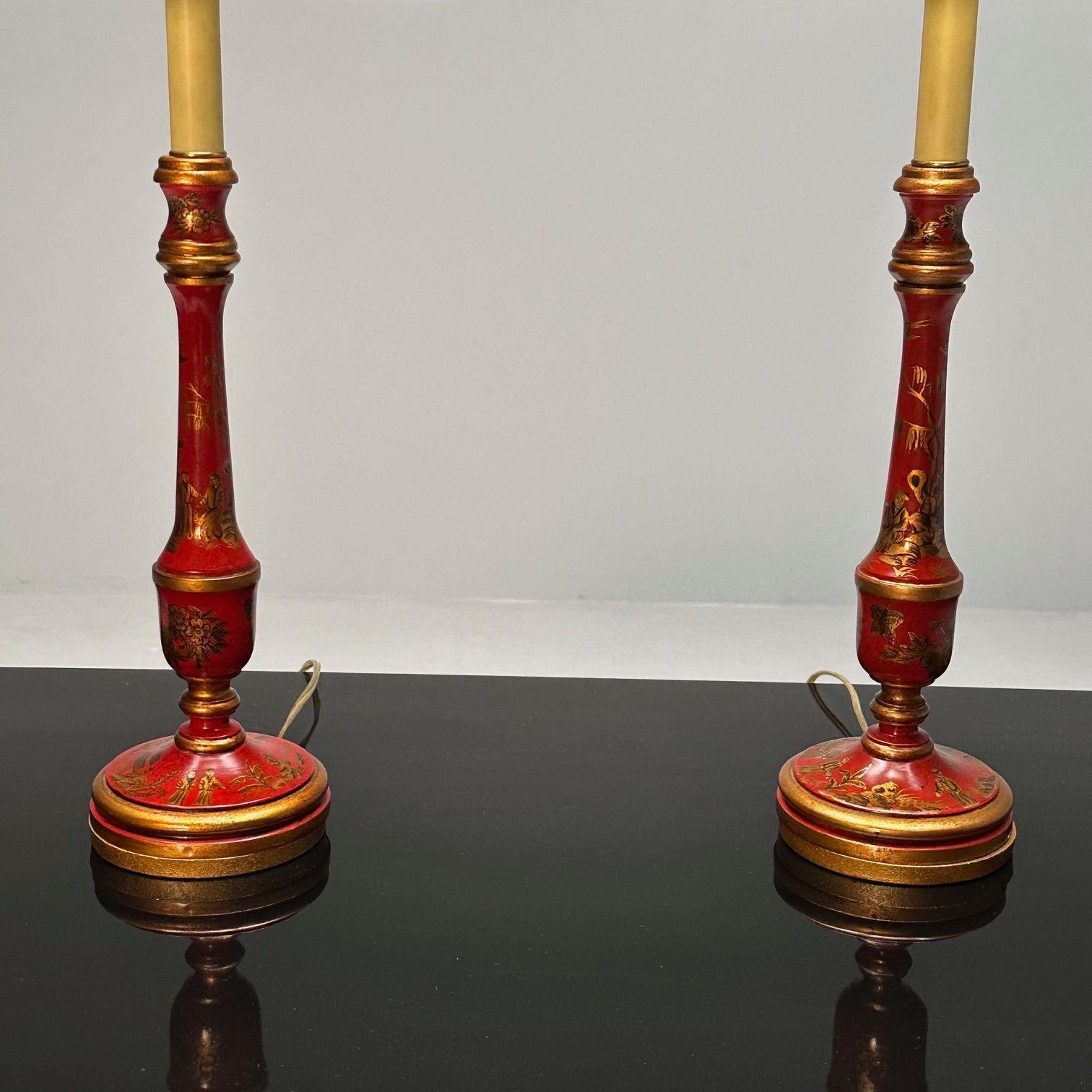 Chinoiserie, Table, Desk Lamps, Red Jappanned Wood, Giltwood, 1940s For Sale 9