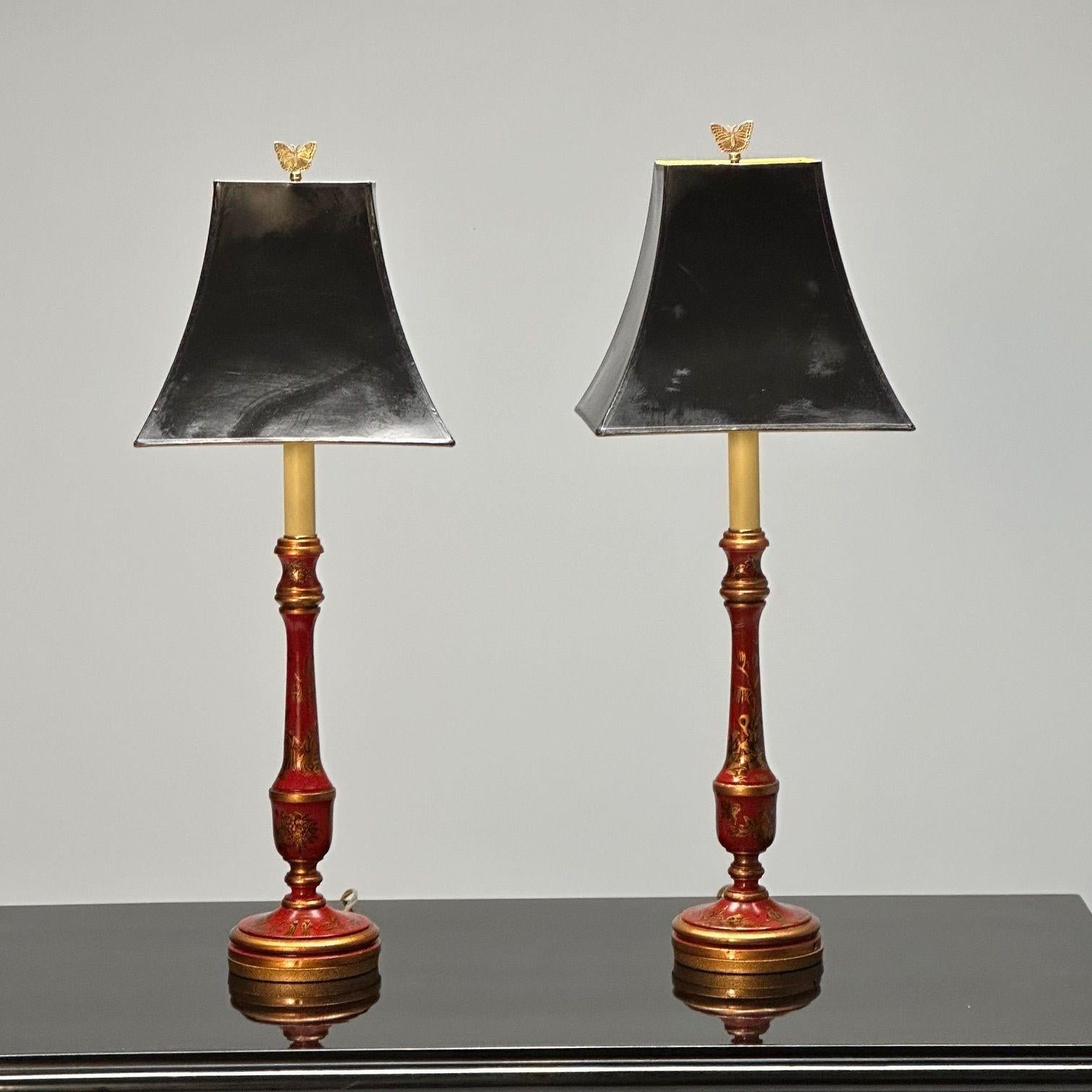 Pair of Red Chinoiserie Table / Desk Lamps, Chinese Motif, Bronze Butterfly Finial

A finely painted Jappaned pair of table prick desk lamps in fire engine red with Chinoiserie scenes. Good condition. The pair with custom shades.

Paint,
