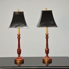 Chinoiserie, Table, Desk Lamps, Red Jappanned Wood, Giltwood, 1940s