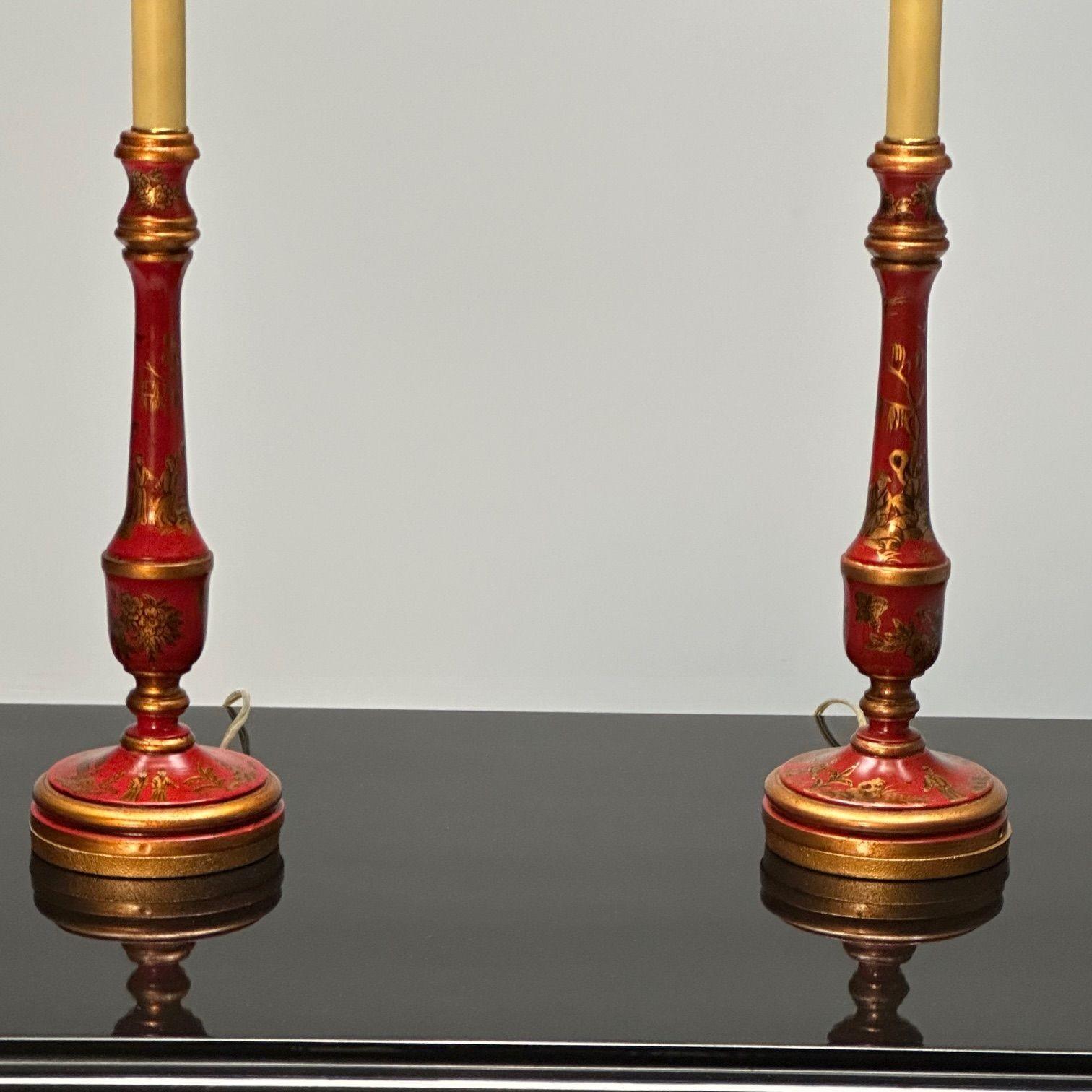 20th Century Chinoiserie, Table, Desk Lamps, Red Jappanned Wood, Giltwood, 1940s For Sale