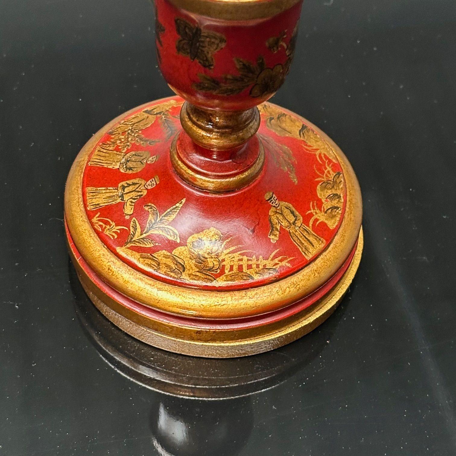 Chinoiserie, Table, Desk Lamps, Red Jappanned Wood, Giltwood, 1940s For Sale 3
